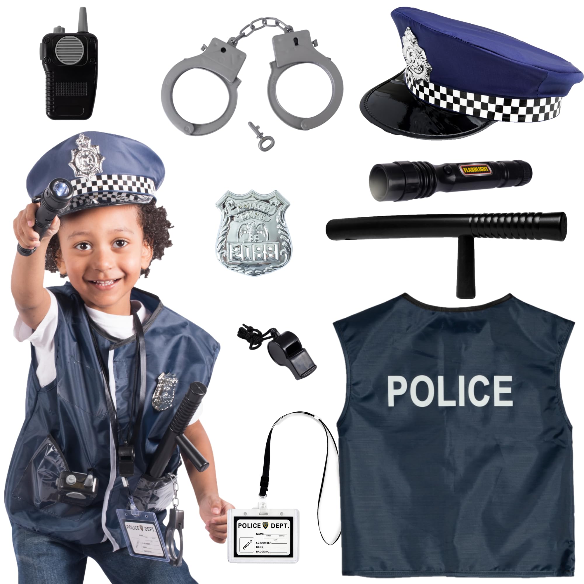 Born Toys 12 Pcs Police Costume for Kids with Toy Role Play Kit with Police Badge, Handcuffs,Kids Flashlight for Cop Costume, FBI,Detective,Swat, and Kids Dress-up Clothes