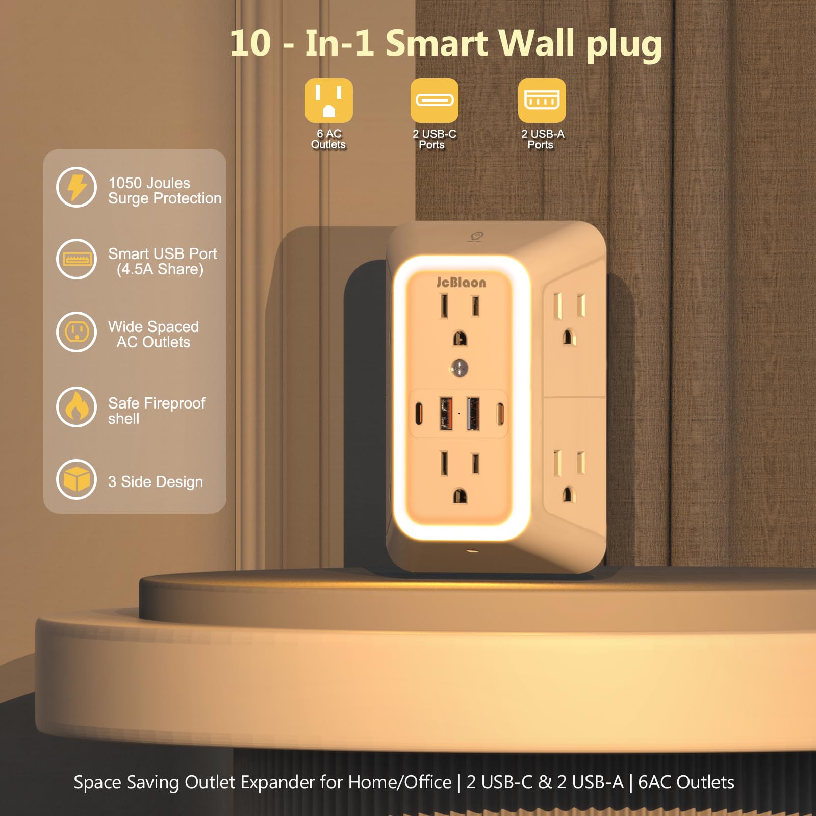 Steckdosenverlängerung mit Nachtlicht, Netzstecker-Adapter, 6 Steckdosenverlängerungen mit 4 USB-Ladeanschlüssen, 1050J Steckdosenleiste, Multi-Stecker-Adapter, Abstand für Zuhause, Reisen, Büro (2U2C