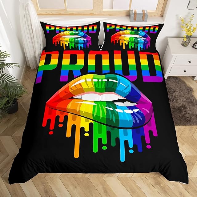 Pride Theme Duvet Cover,Kids Rainbow Lips Bedding Set,Colorful Stripes Comforter Cover for Boys Girls Room Decor,Watercolor Tie-dye Lightweight Bedspread Cover Single Size with 1 Pillow Case