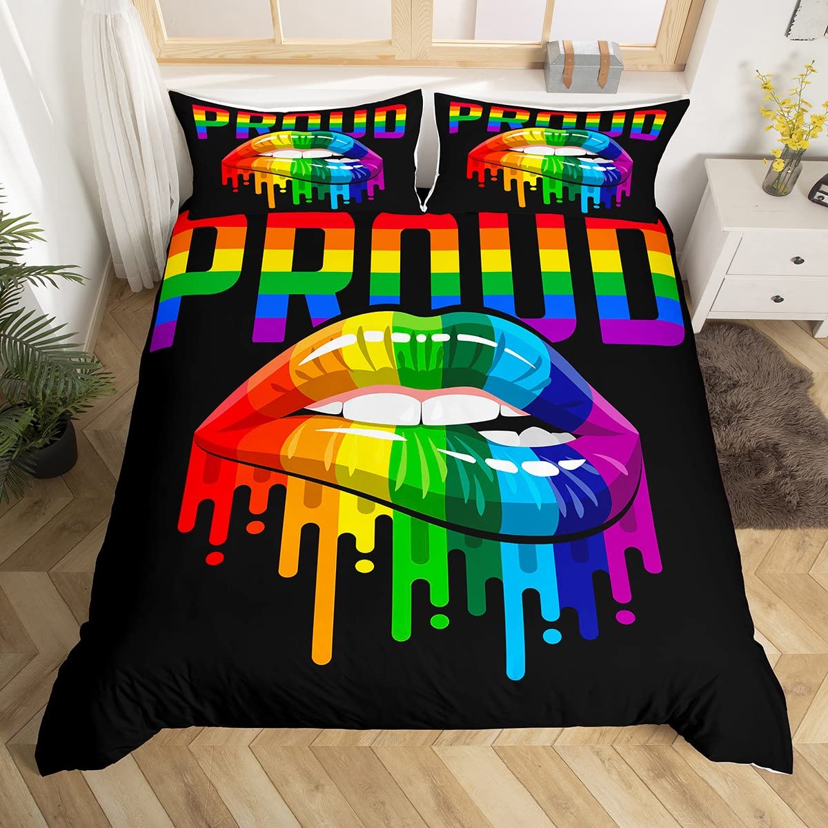 Feelingyou Boys Love 01 Pride Theme Duvet Cover,Kids Rainbow Lips Bedding Set,Colorful Stripes Comforter Cover For Girls Room Decor,Watercolor Tie-Dye Lightweight Bedspread Cover Single Size With 1 Pillow Case