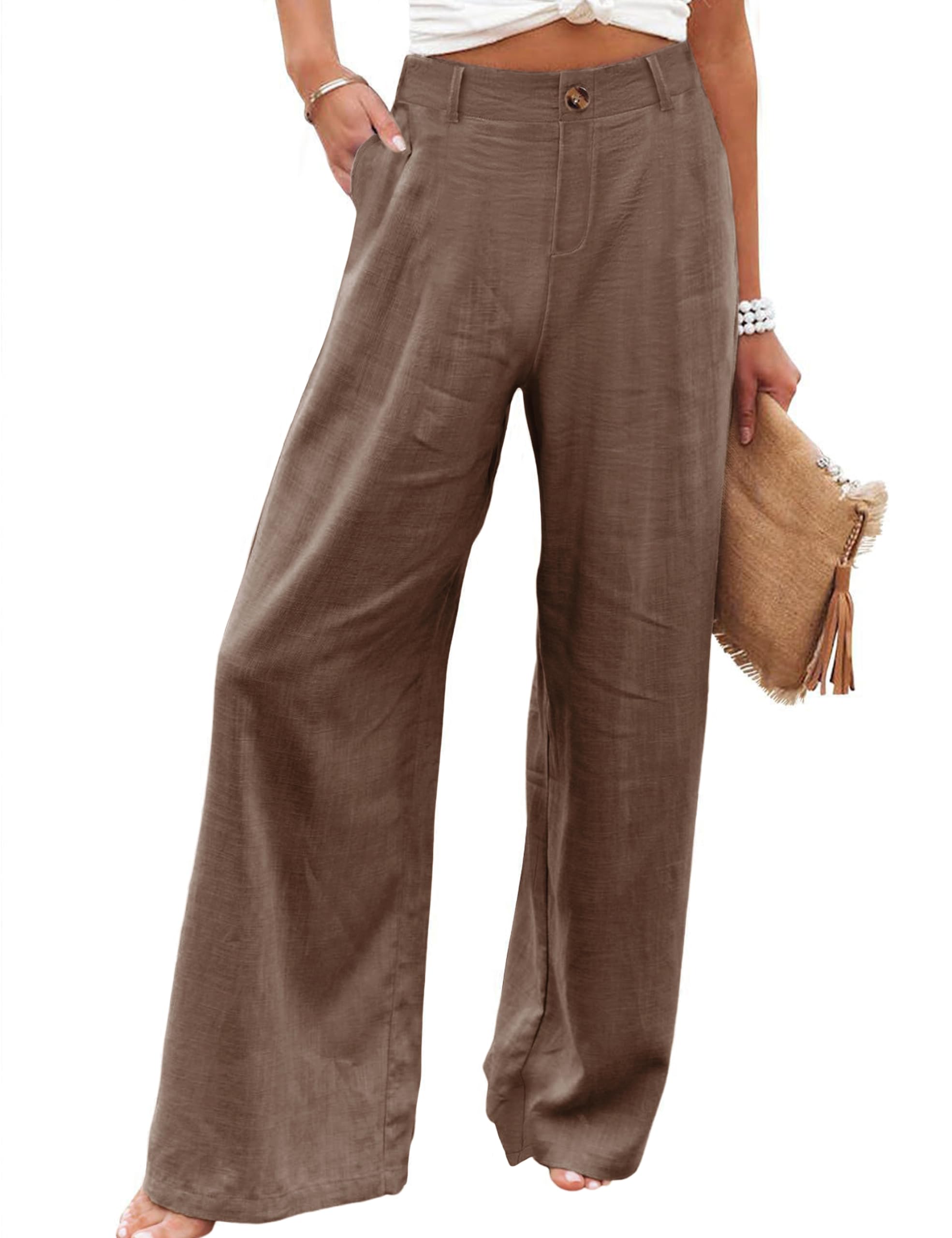 Hooever Womens Cotton Linen Pants Casual Button Up High Waisted Wide Leg Trousers
