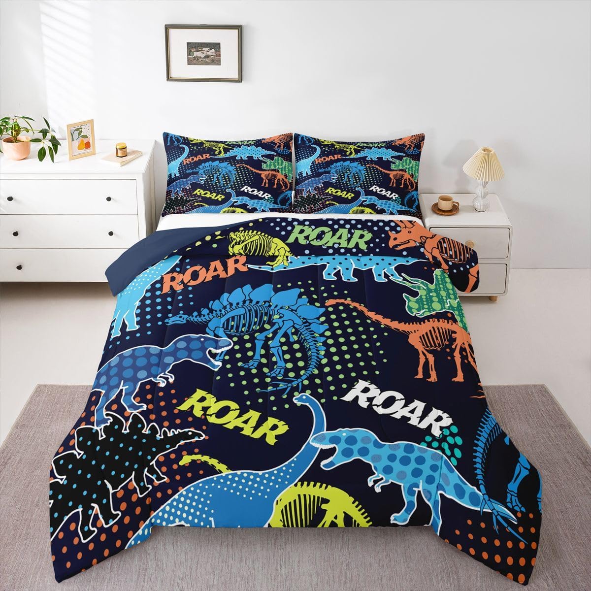 jejeloiu Jungle Dino Comforter Set Twin Size Cartoon Dinosaur Bedding Set for Kids Boys Girls Wild Animal Duvet Quilt Bedroom Decor Microfiber 2 Pcs with 1 Pillow Cases