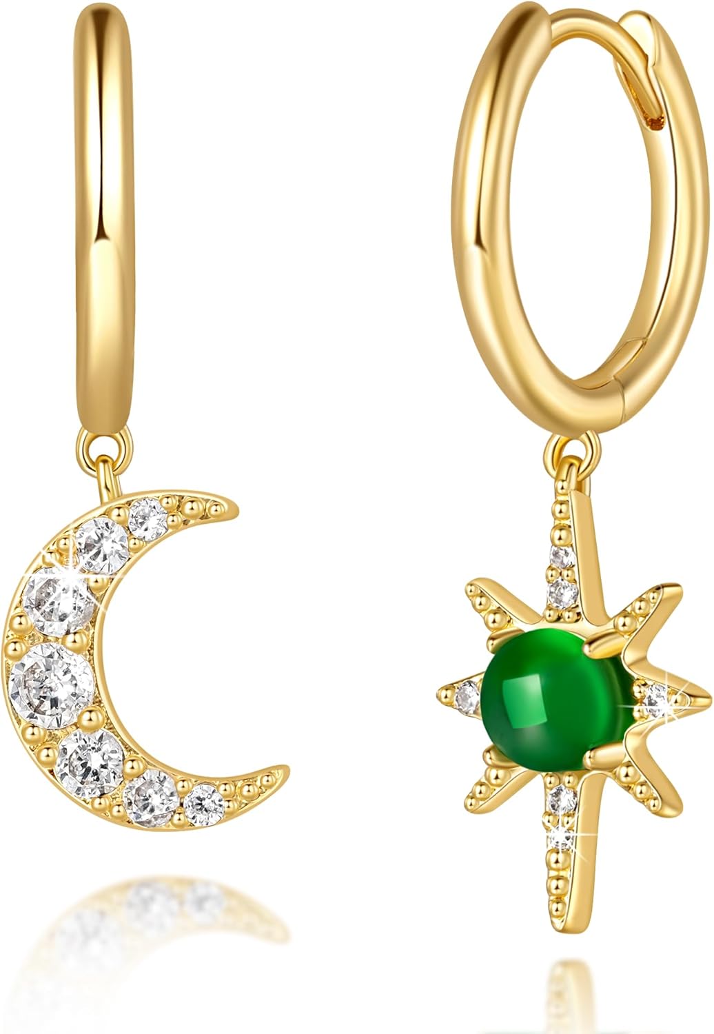 Gold Hoop Earrings for Women 14K Gold Earrings for Women Hoop Star and Moon Earring for Womens Hoops Crescent Moon Paired with Octagonal Star Dangle Drop Hoops Earring for Womens