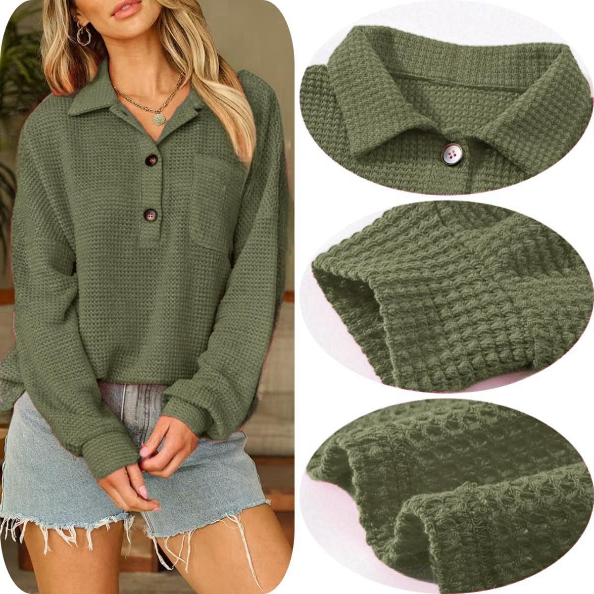 Women’s Waffle Knit Tops Loose Long Sleeve Tops Button Up Henley Shirts V Neck Solid Color Casual Tunic Pullover Tops - Image 4