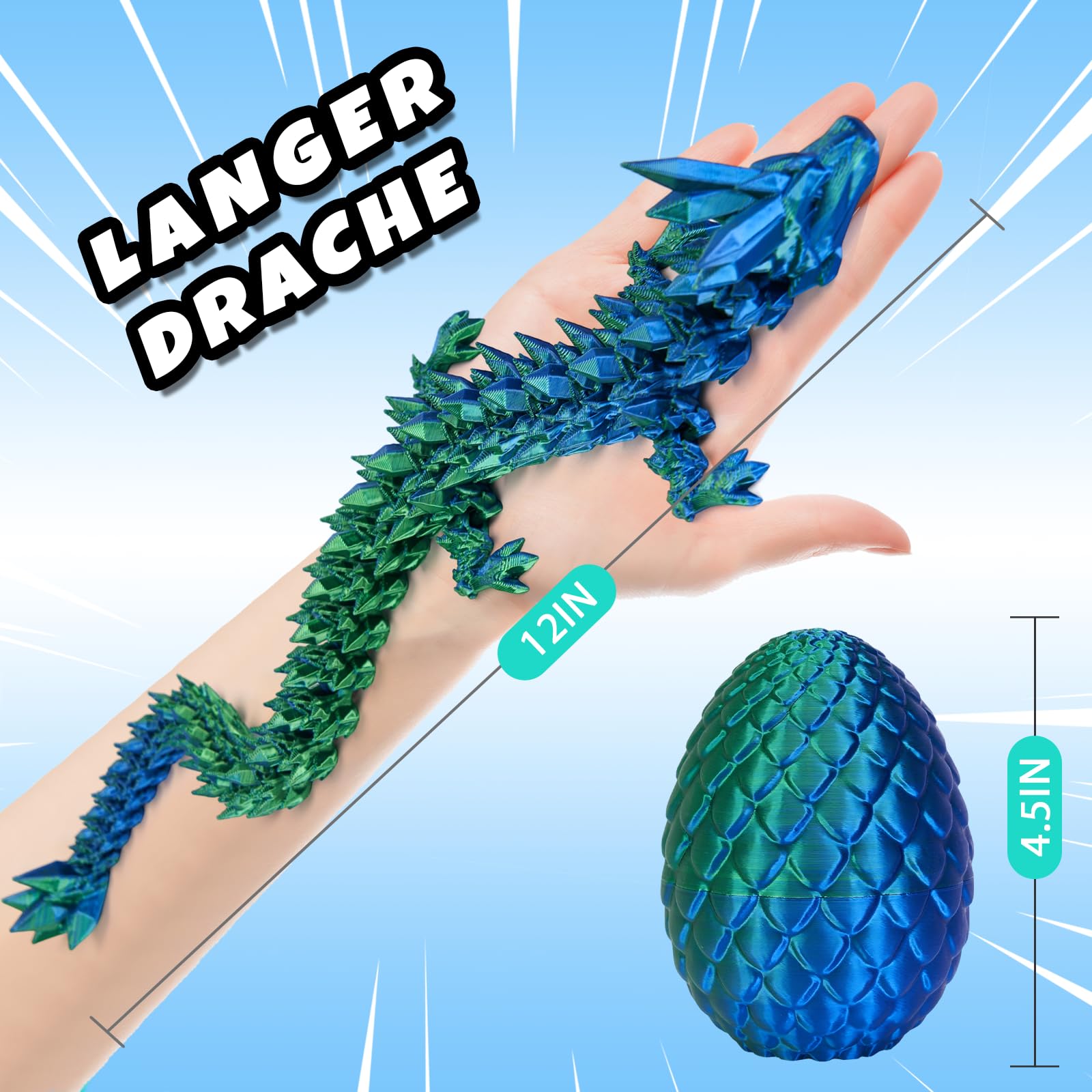 YILCER 3D Gedruckter Drache 28,5cm, Drachenei mit Upgrade bruchsicher, Verstärkte Dragon-Gelenke, Sicheres und Umweltfreundliches Material, Ostern Geschenke Kinder (Lasergrün) - 5