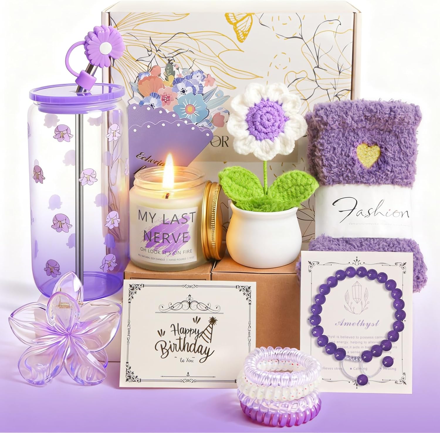 Happy Birthday Gifts for Teen Girls, Unique Gift Baskets for Women, Her, Self Care Thank You Get Well Valentines Day Present Set, 14pcs Cute Teenage Box for Friend Mom Sister Coworker (Purple)