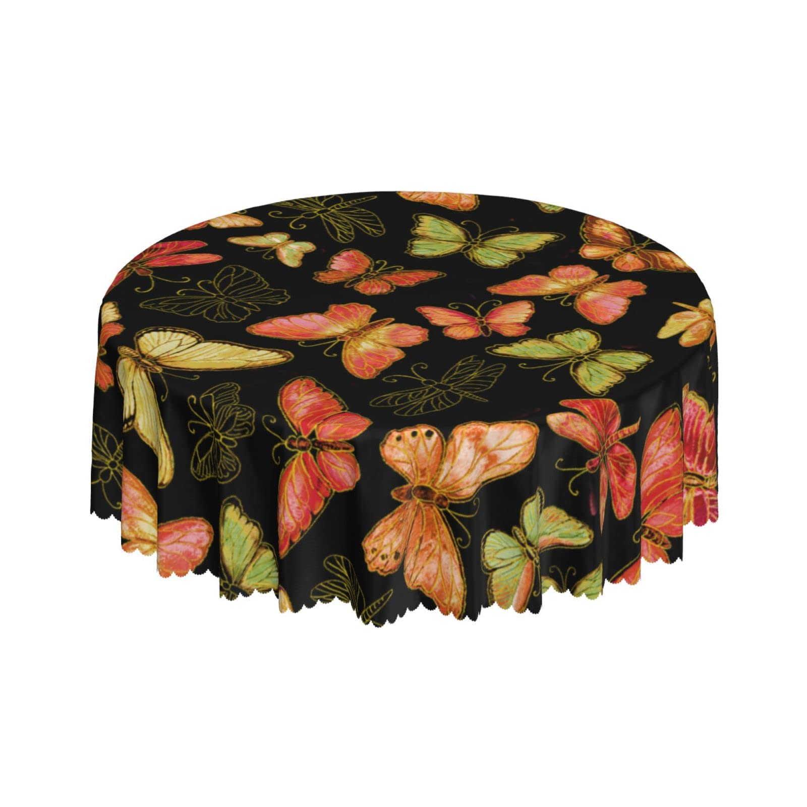 Lsjuee Colorful Butterfly Golden Black Round Tablecloth 60 Inch Printed Washable Tablecloth for Dining Party Holiday Fall Home Decorative