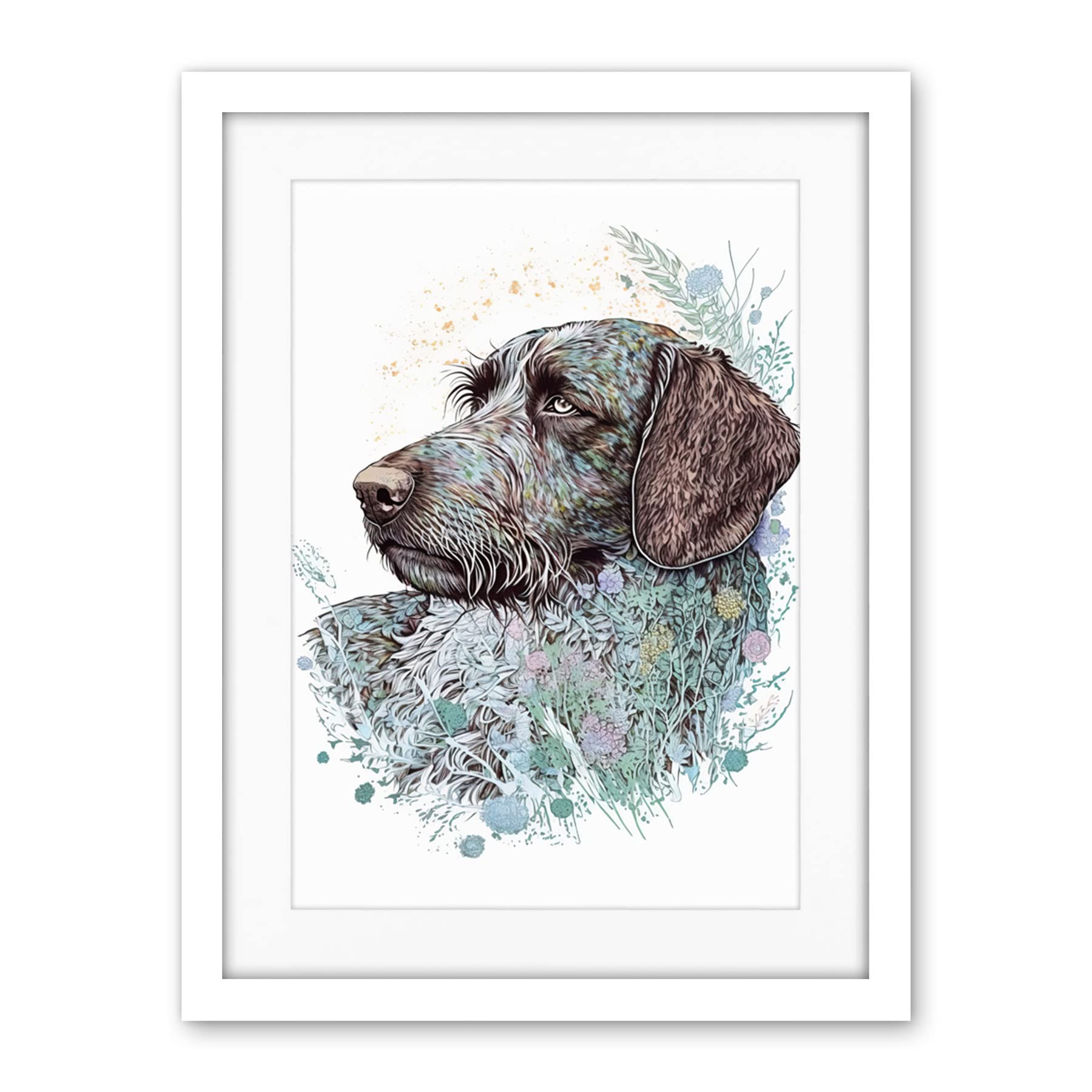 Artery8 German Wirehead Pointer Dog Nature Spirit Animal Modern Multicoloured Illustration Artwork Framed Wall Art Print 18X24 Inch