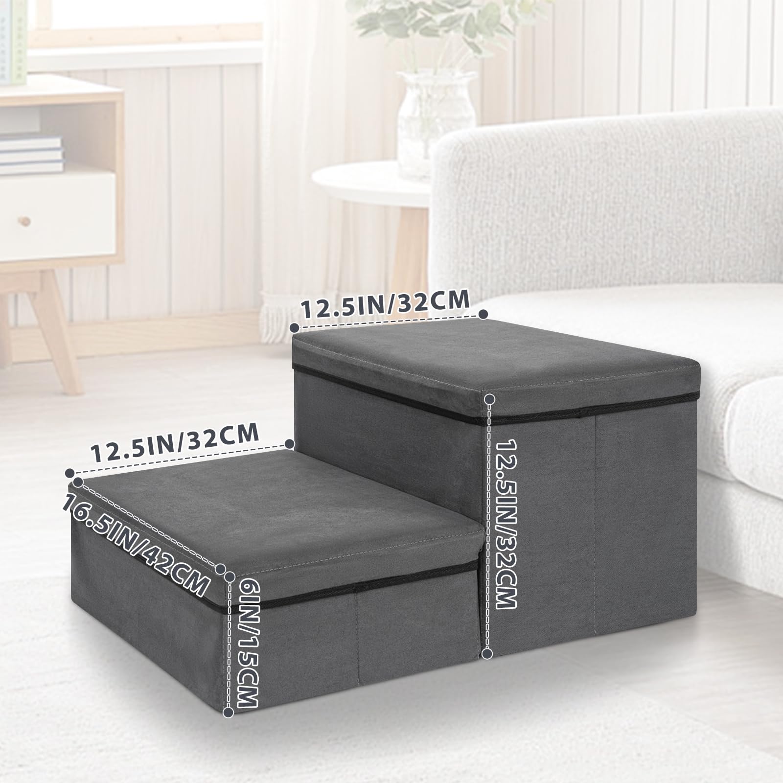 OUUTMEE Escalier pour Chien, Escalier pour Animaux avec Rangement Intégré, Escalier Chien Pliable Antidérapante pour Chiots, Chats Petits/Moyens et Animaux Agés, Lit et Sofa (Gris) (2 Marches)
