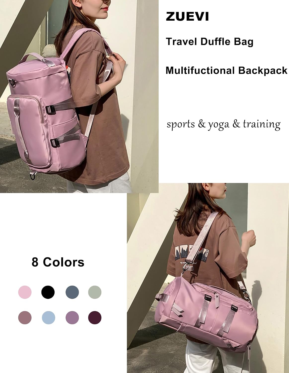 ZUEVI 3 In 1 Backpack Travel Duffle Bag for Men Women with Wet Pocket and Shoe Compartment Waterproof Gym Backpacks for Weekender Sports Training Yoga (Dark Pink)
