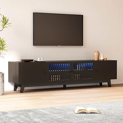 Miniatura 5 de Hlivelood Soporte de TV moderno de 74 pulgadas de mediados de siglo para TV de 7585 pulgadas, soporte de TV de madera maciza con luz LED