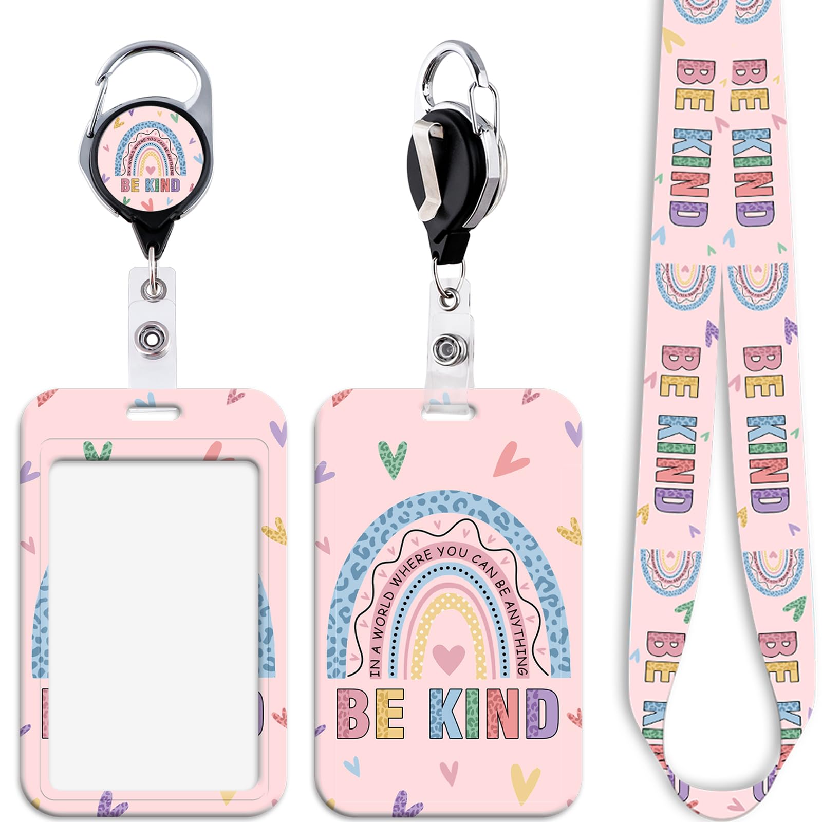 Cute Pink Card Holder Teachers Lanyard Rainbow Retractable Badge Reel Clip Love Heart Keychain Reel Lanyard for Women Girls Kids Nurses for ID Badge Keys Work & Preppy School ID Holder(Be Kind)