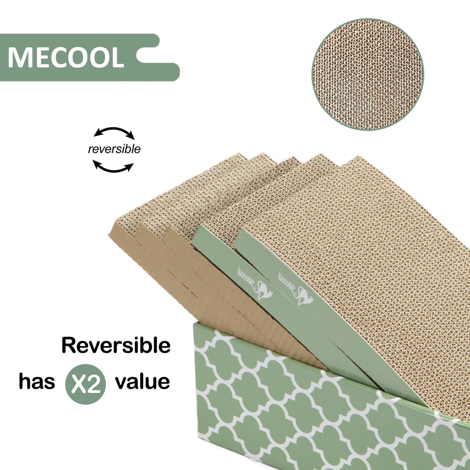 MECOOL Cat Scratching Board，5PC Cat Scratch Pad with Box，Reversible Corrugated Cat Scratcher Cardboard and Lounge Bed for Indoor Cats, Catnip
