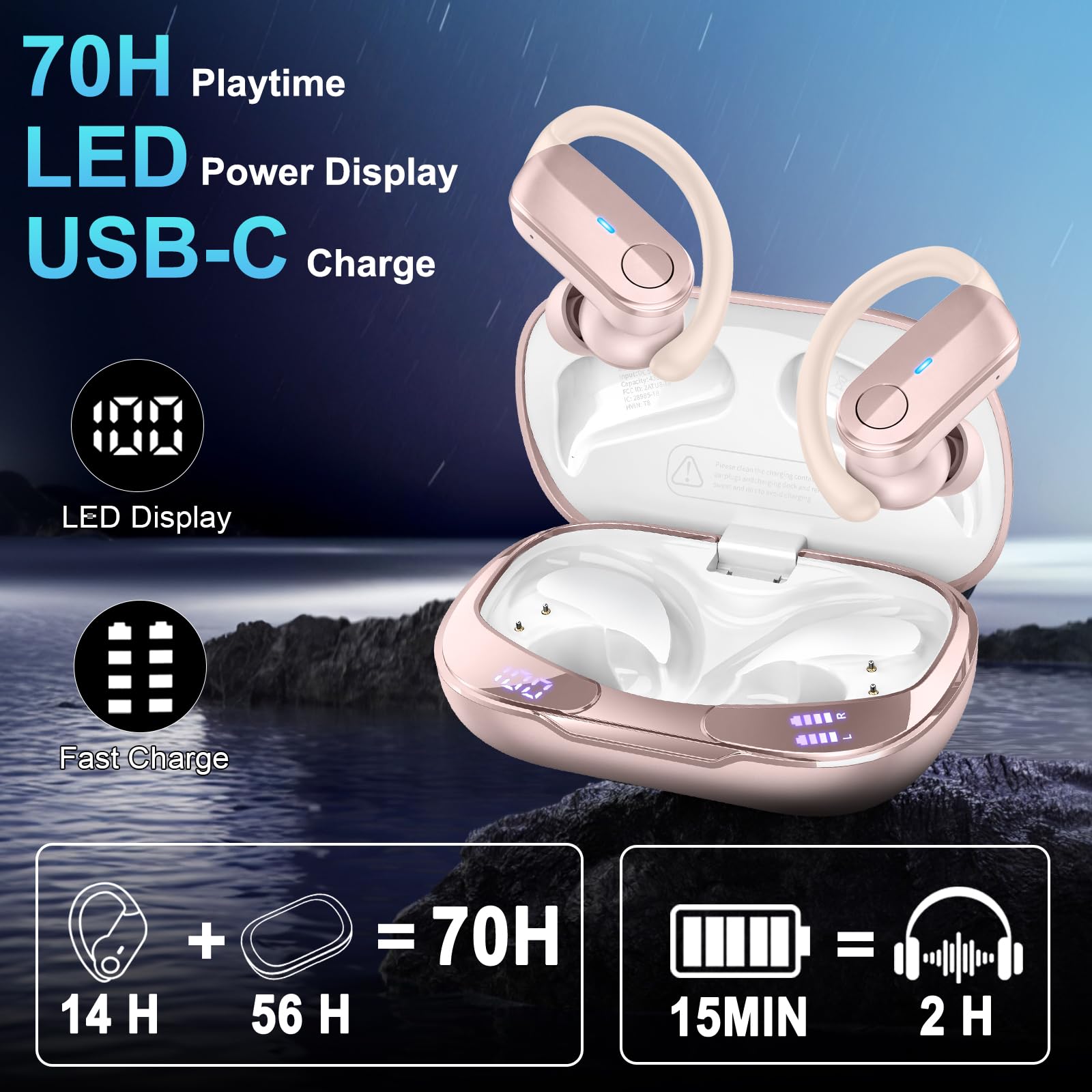 Ordtop Auriculares Inalambricos Deportivos, 2026 Auriculares Bluetooth 5.4 con 3D-Estéreo, IP-X8 Impermeable Cascos Inalambricos, Cancelacion Ruido ENC, Pantalla LED Headphones Running Gym