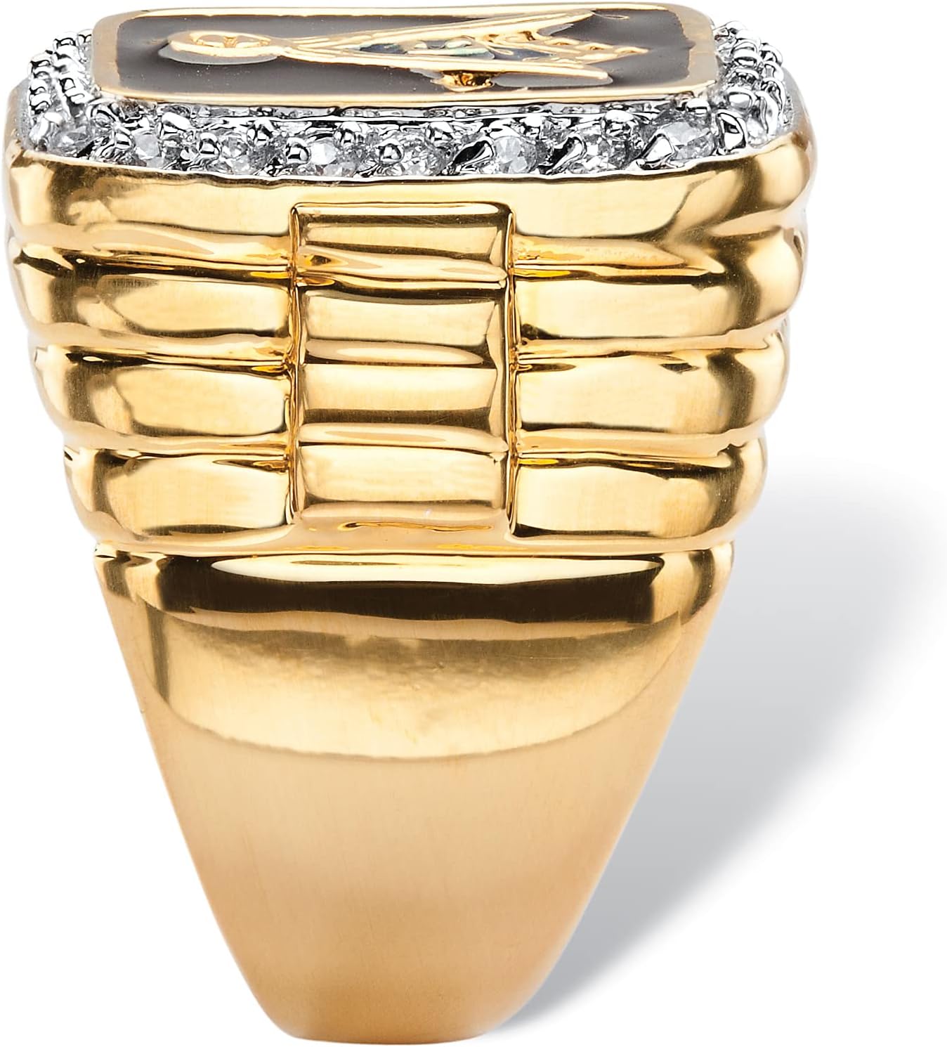 PalmBeach Men's Yellow Gold-Plated Round Cubic Zirconia Black Enamel Masonic Ring Sizes 8-13
