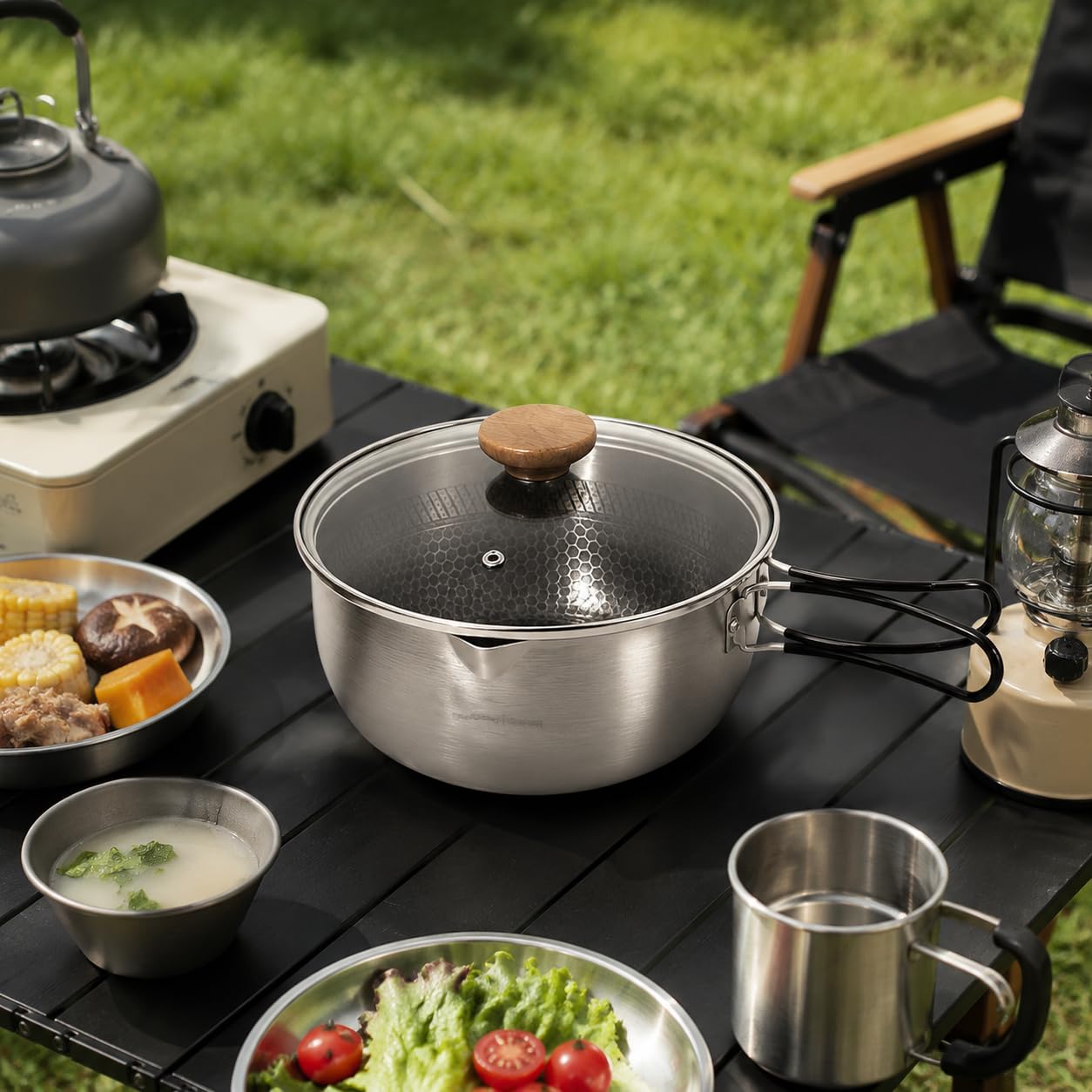 1 Olla Colgante Juego de Utensilios Acero Inoxidable Camping Antiadherente Tapa de Cristal 5200ml Práctica para Comidas al Aire Libre Viajes Familiares, cazuela cocción acero triple e
