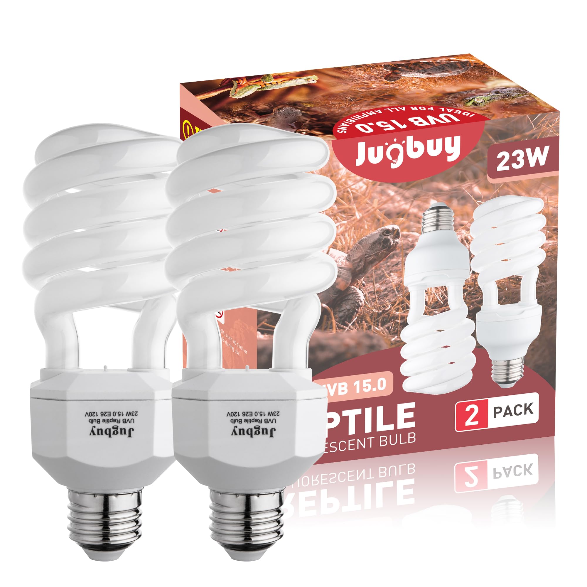 UVB Reptile Light Bulb 15.0, 23W UV Spiral Compact Florescent Terrarium Lamp Ideal for Desert Reptiles &amp; Amphibians Frogs Tortoises Toads Chameleons - 2 Pack