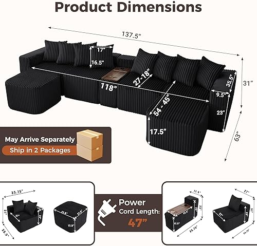 Miniatura 3 de Sofá seccional de 137.5 pulgadas, sofás modulares sin hueso para sala de estar, cómodo sofá de pana de felpa de asiento profundo, moderno sofá