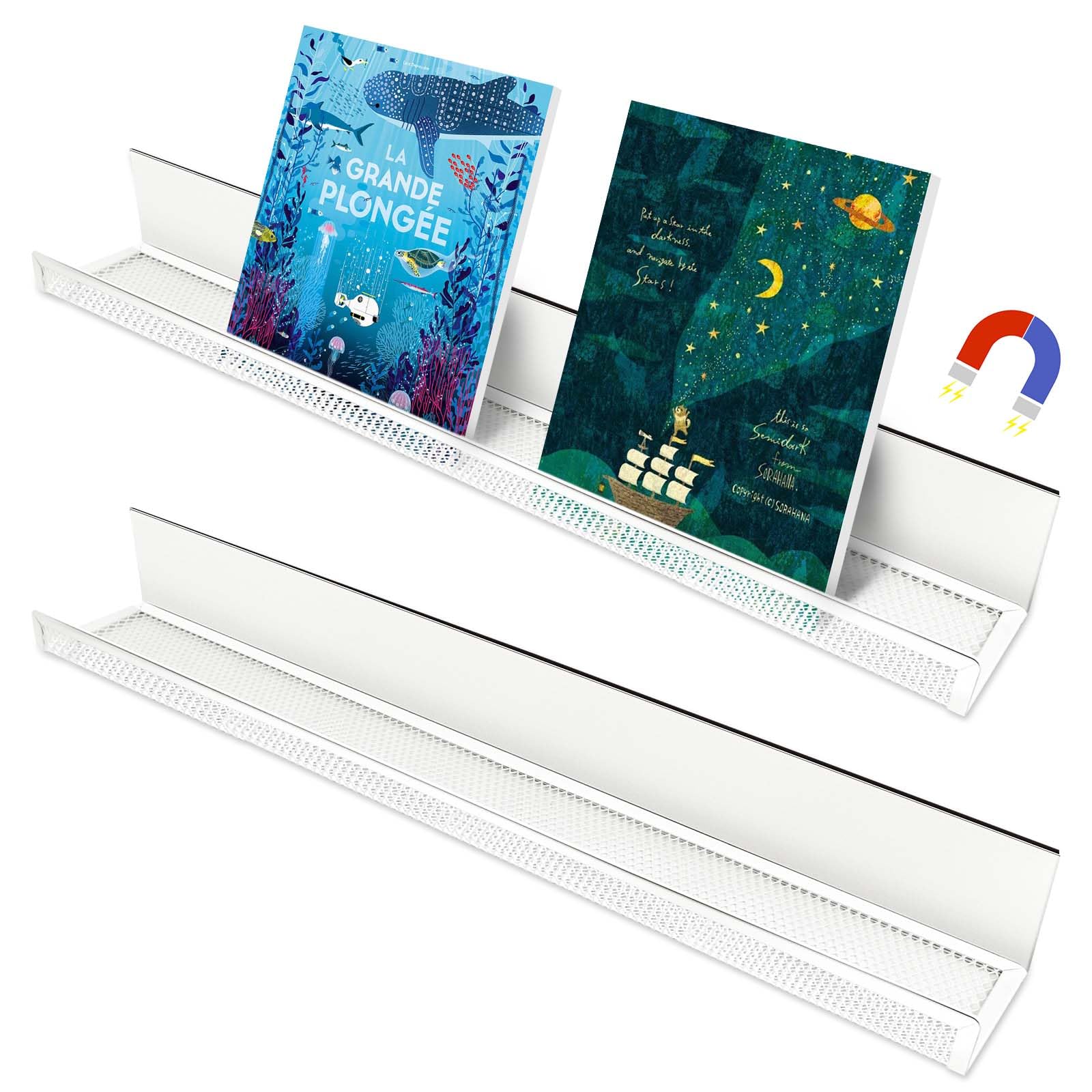 2 Pack White Metal Magnetic Book Shelf for Whiteboard Classroom, 17Inch Floating Book Display Shelves Heavy Duty Magnetic Book Holder Magnet