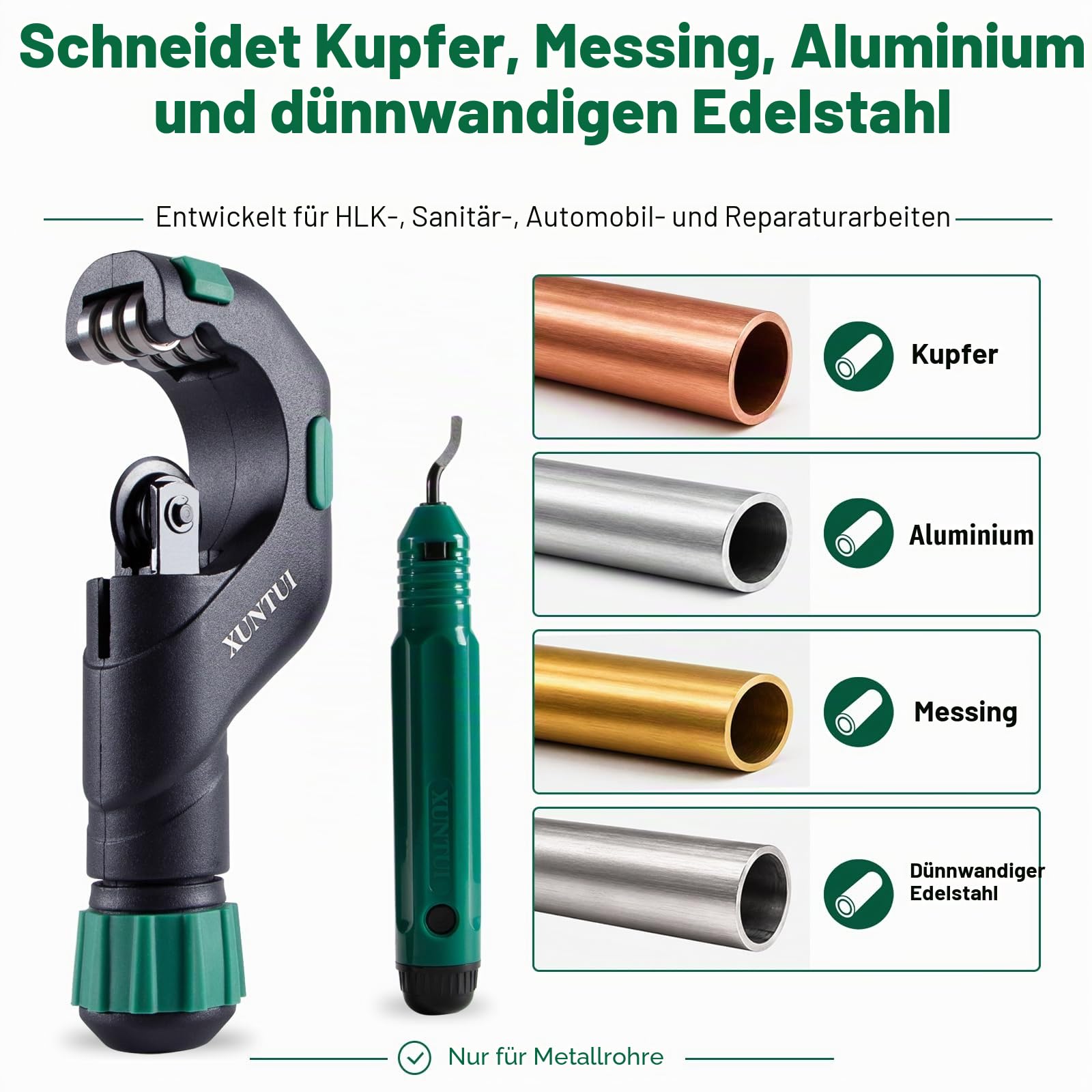 Rohrabschneider 5-50 mm, robuster Rohrschneider für Edelstahl-, Kupfer-, Messing- und Aluminiumrohre, mit Entgratungsklinge & Ersatzklingen