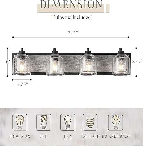 Miniatura 2 de Luces de tocador para baño grandes de 31.5 pulgadas, lámpara de tocador rústica de granja con pantallas de vidrio de burbujas, 4 luces grises,