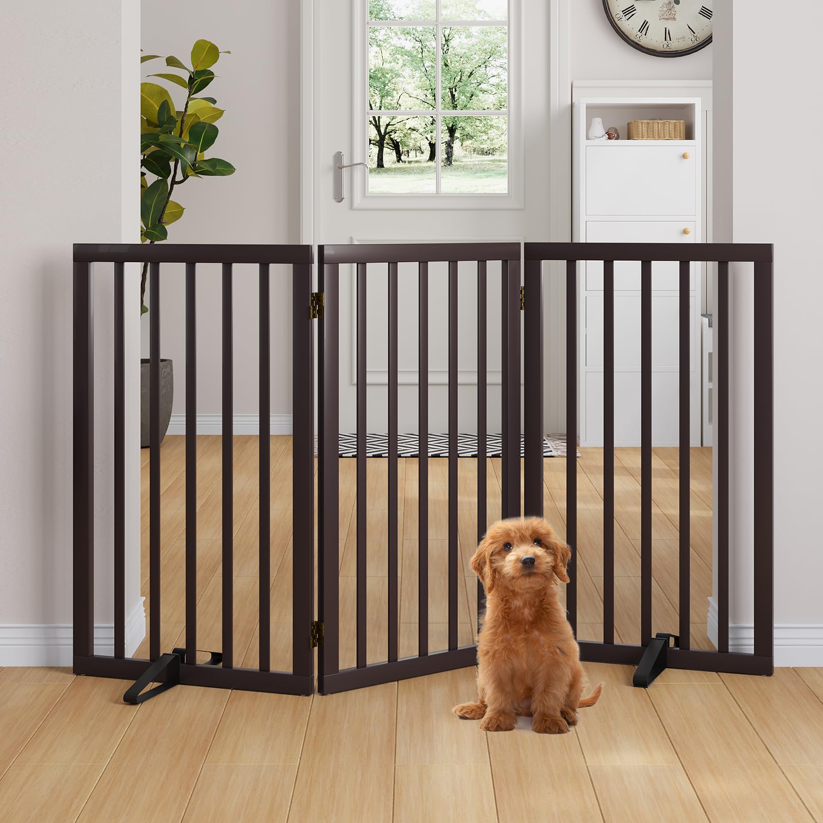 Semiocthome Bamboo Freestanding Dog Gates for Doorways, 2-Panel Indoor Puppy Gates for The House with 2 Metal Stands, 60cm(H) Folding Pet Gate for Stairs Expands Up to 94cm(W) Walnut — view 38