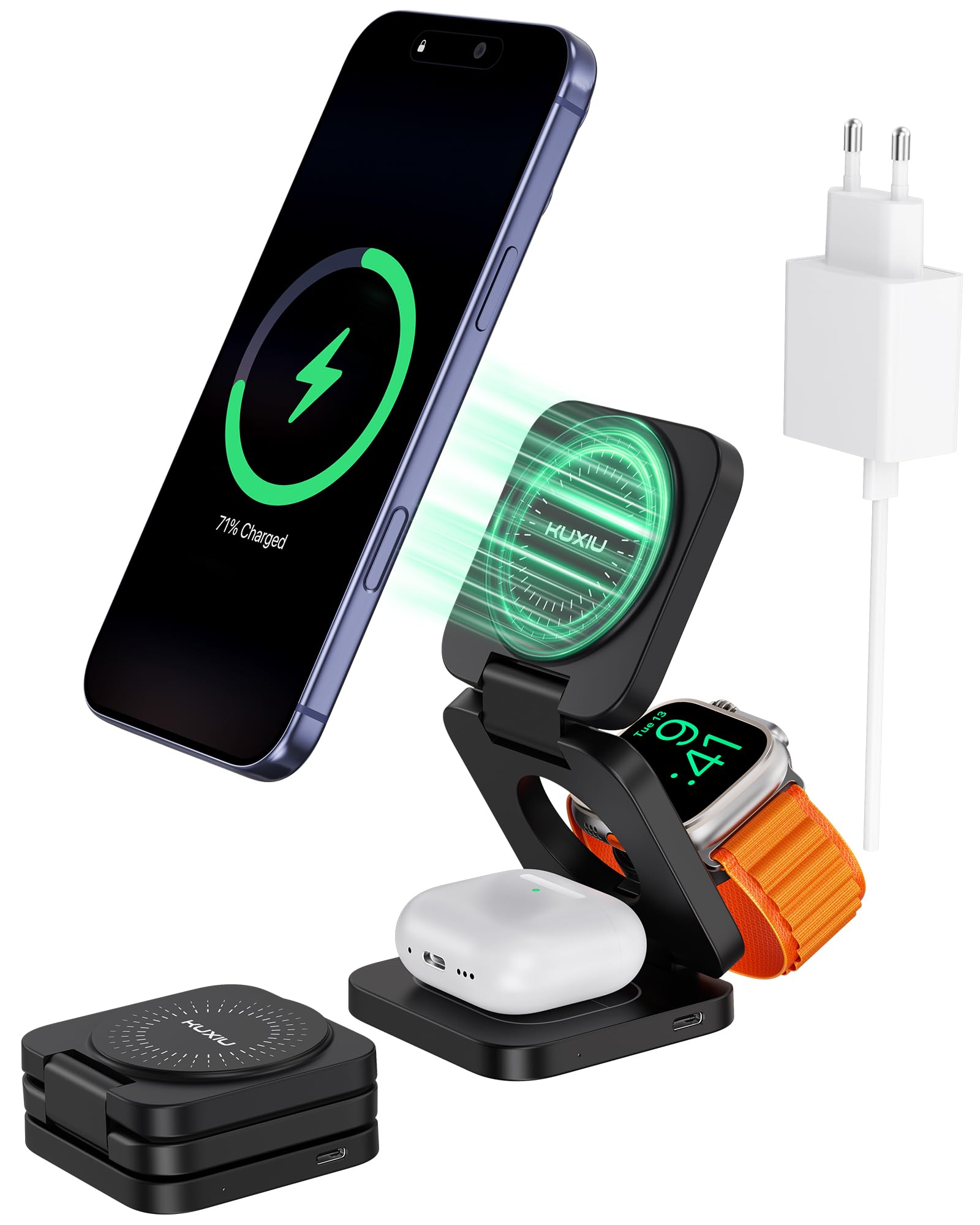 KU XIU X55 Turbo Qi2.2 25W Cargador Inalámbrico para Magsafe, Plegable Estacion de Carga 3 en 1, Magnetico Wireless Charger Base para iPhone 17-12 & Watch & AirPods, Adaptador Incluido, Negro