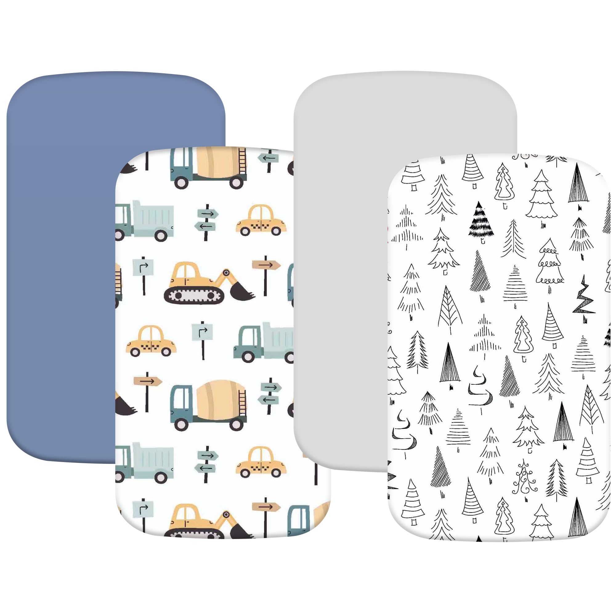 4 Pack Bassinet Fitted Sheets Compatible with 19" x 33" Koolababy/Koolerthings, Kiniew, BCOL, Semphis, Cowiewie and IKOMZY Baby Bassinet, Soft and Skin-Friendly, Blue Truck & Grey Forest
