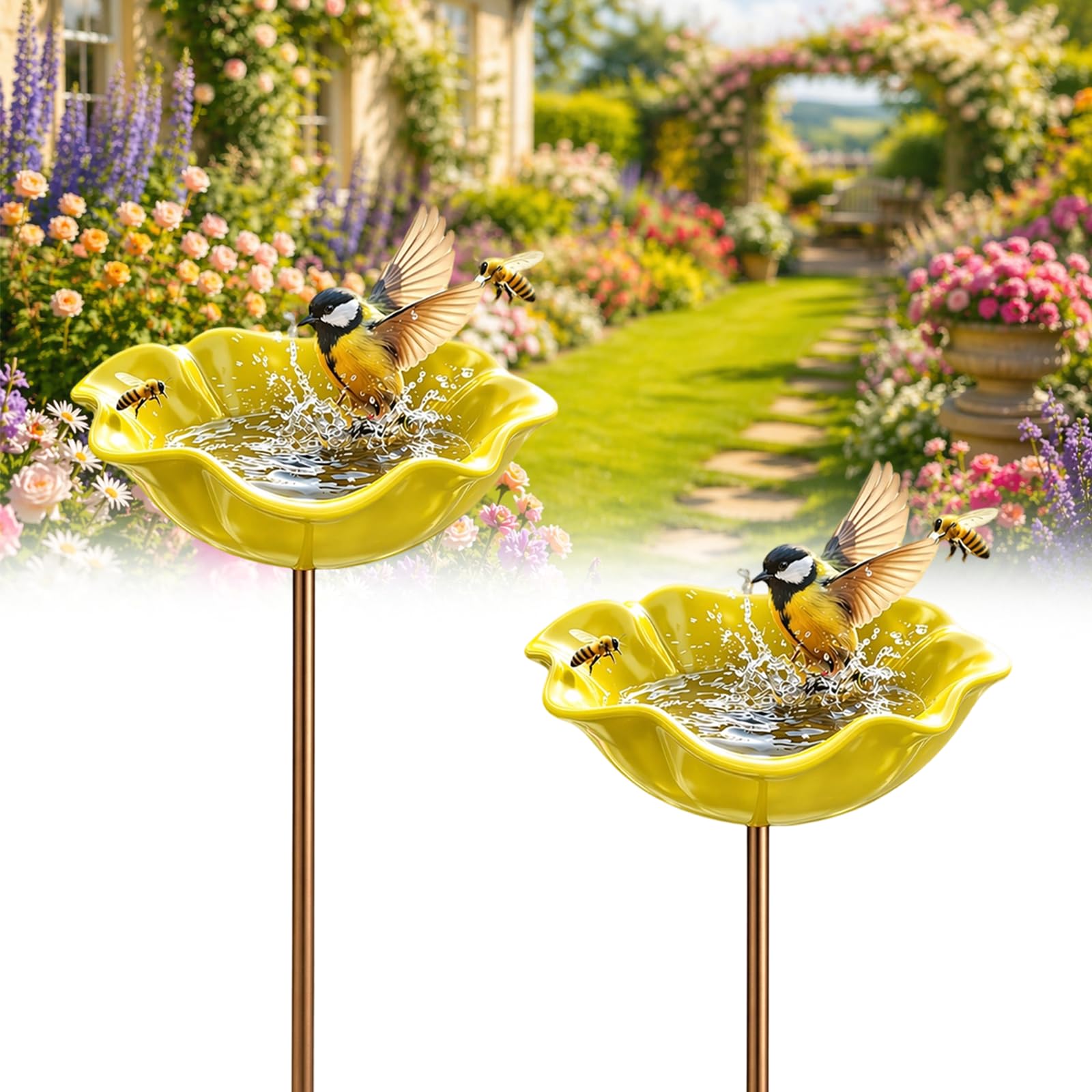 Handmade Metal Flower Garden Stake Bird Bath Bowl - Weather-Resistant Bee Watering Station & Flower Bird Feeder, Decorative Outdoor Metal Flowers for Yard Lawn Patio Decor (2 * Yellow)