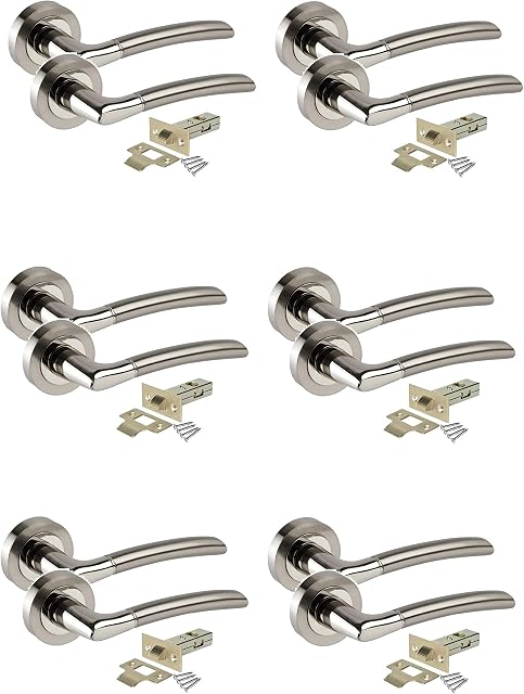 Golden Grace 6 Sets of Indiana Style Modern Chrome Door Handles on Rose with Duo Finish Door Lever with 64mm Tubular Latch