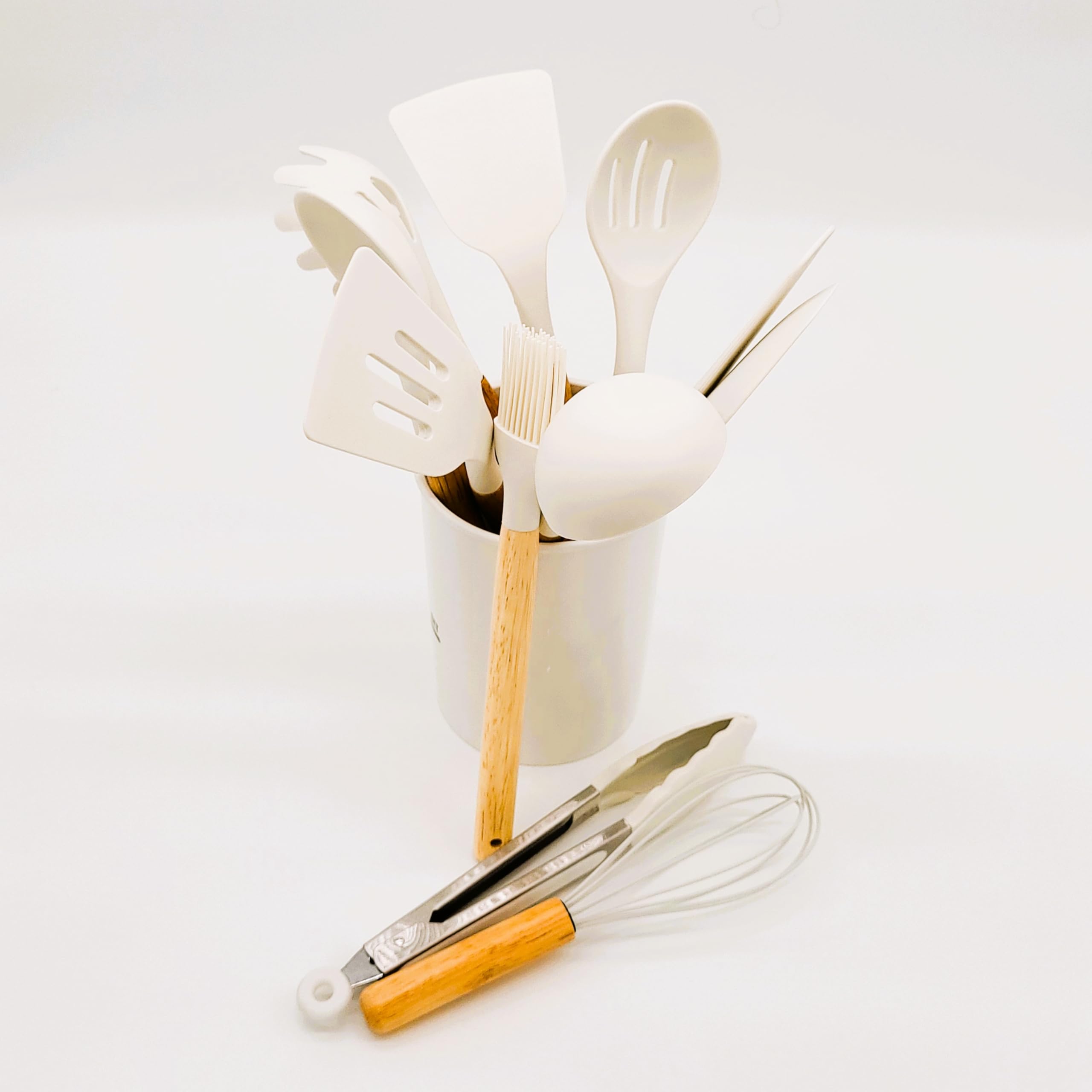 BWG Juego de utensilios de cocina y recipiente, juego de utensilios de cocina, juego de utensilios de cocina de silicona de alta calidad, asas de diseño elegante, resistente al calor (madera, blanco)