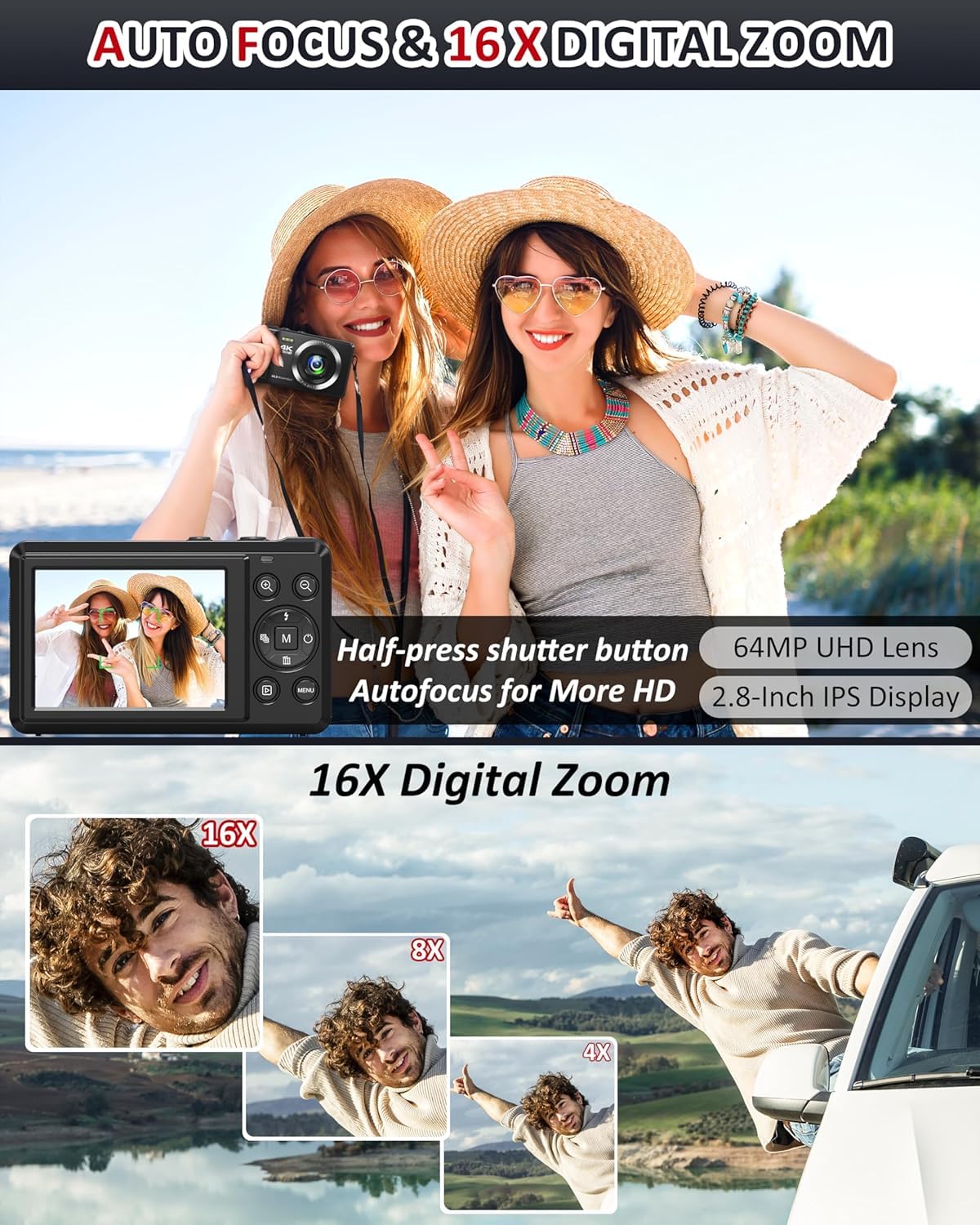 4K Digital Camera, 2.8 Inch 64MP UHD Compact Camera with 32GB Card, 1200mAh Battery, 16X Digital Zoom Mini Autofocus Vlogging Camera for Kids, Beginners, Teenagers — view 3