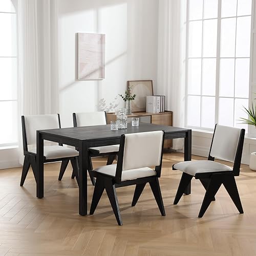 Miniatura 10 de Juego de 2 sillas de comedor tapizadas de lino con patas de madera, modernas sillas de comedor acolchadas de mediados de siglo para cocina