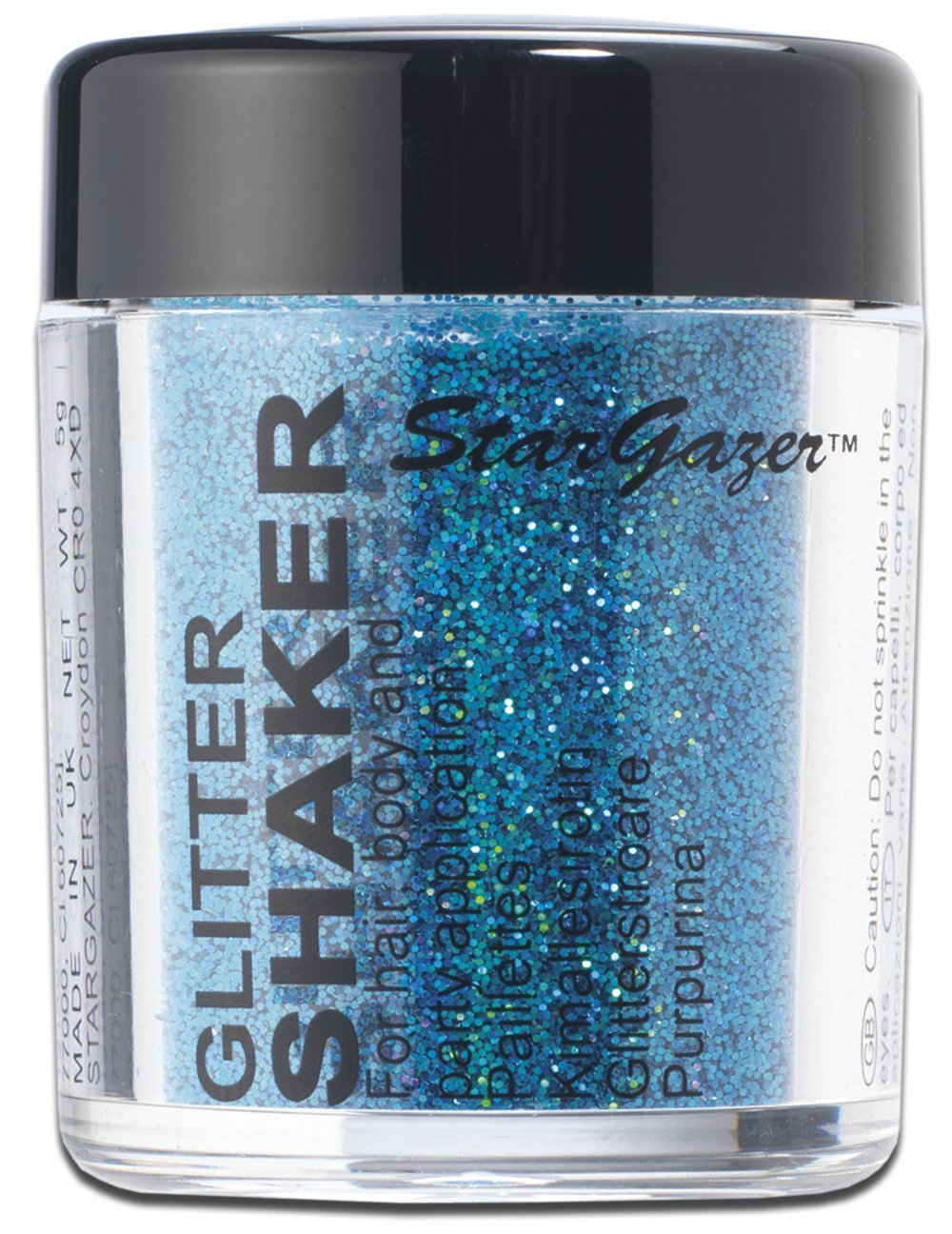 Stargazer Starlight Glitter Shaker, Blue Halo. Cosmetic glitter powder for use on the eyes, lips, face, body, hair and nails.