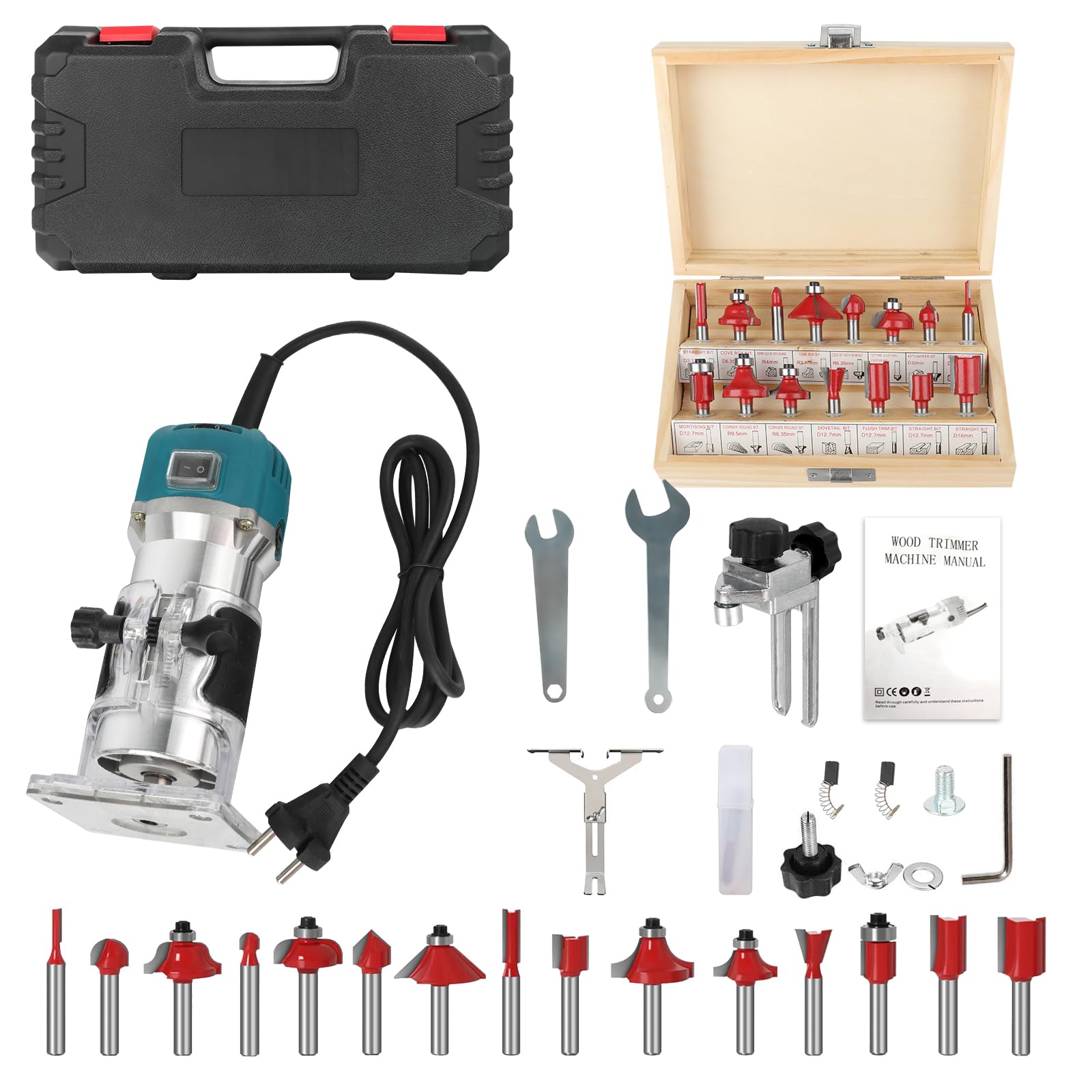 Holzfräse Oberfräse Electric - Fräsmaschine Hand Holz mit Koffer - 12 Set Zubehör 800 W 330000 R/min 6,35 mm - Wood Router Kantenfräse Handpalmenfräser für die Holzbearbeitung