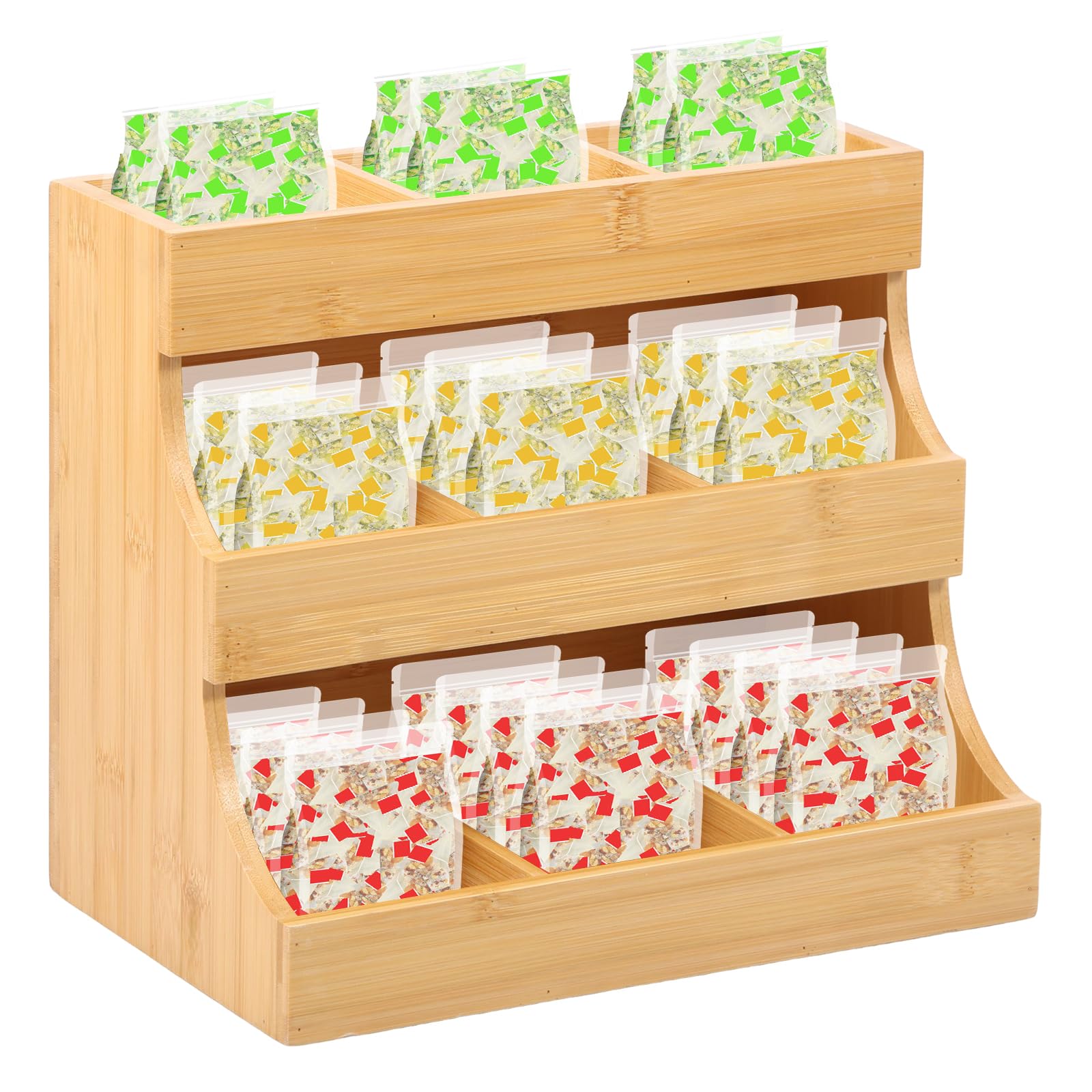 LuLobtg Bamboo Tea Bag Organiser, 3 Tier Vertical Tea Caddy Holds up to 180, Countertop Teabag Storage for Home Office or Cafe, Kitchen Condiment Rack for Sugar Packets, Creamers Holder