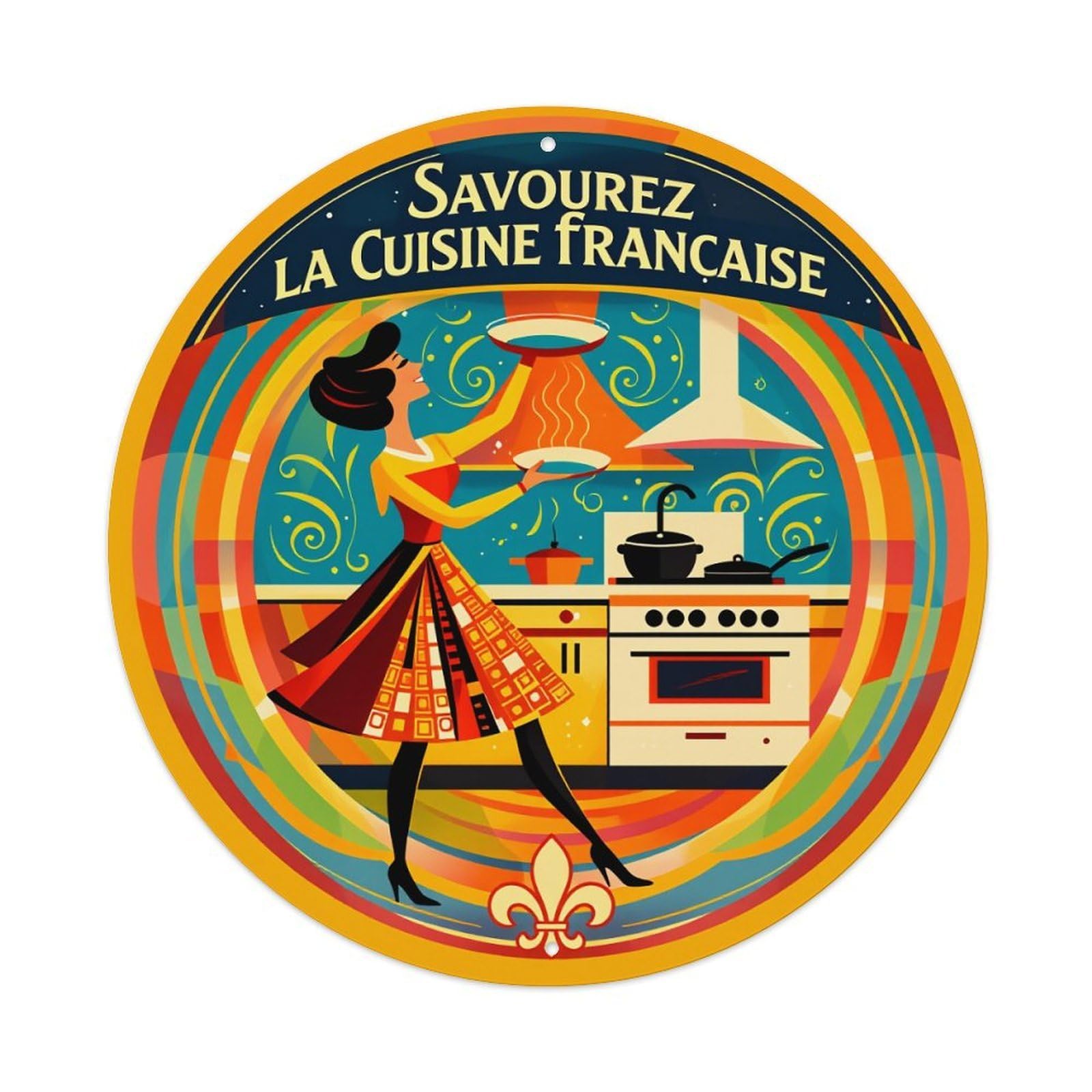 Igtefte Vintage Colorful Kitchen Woman Cooking French Round Tin Sign Style Metal Sign Home Bar Garden Wall Plaque Decor Metal Poster 8X8 Inch