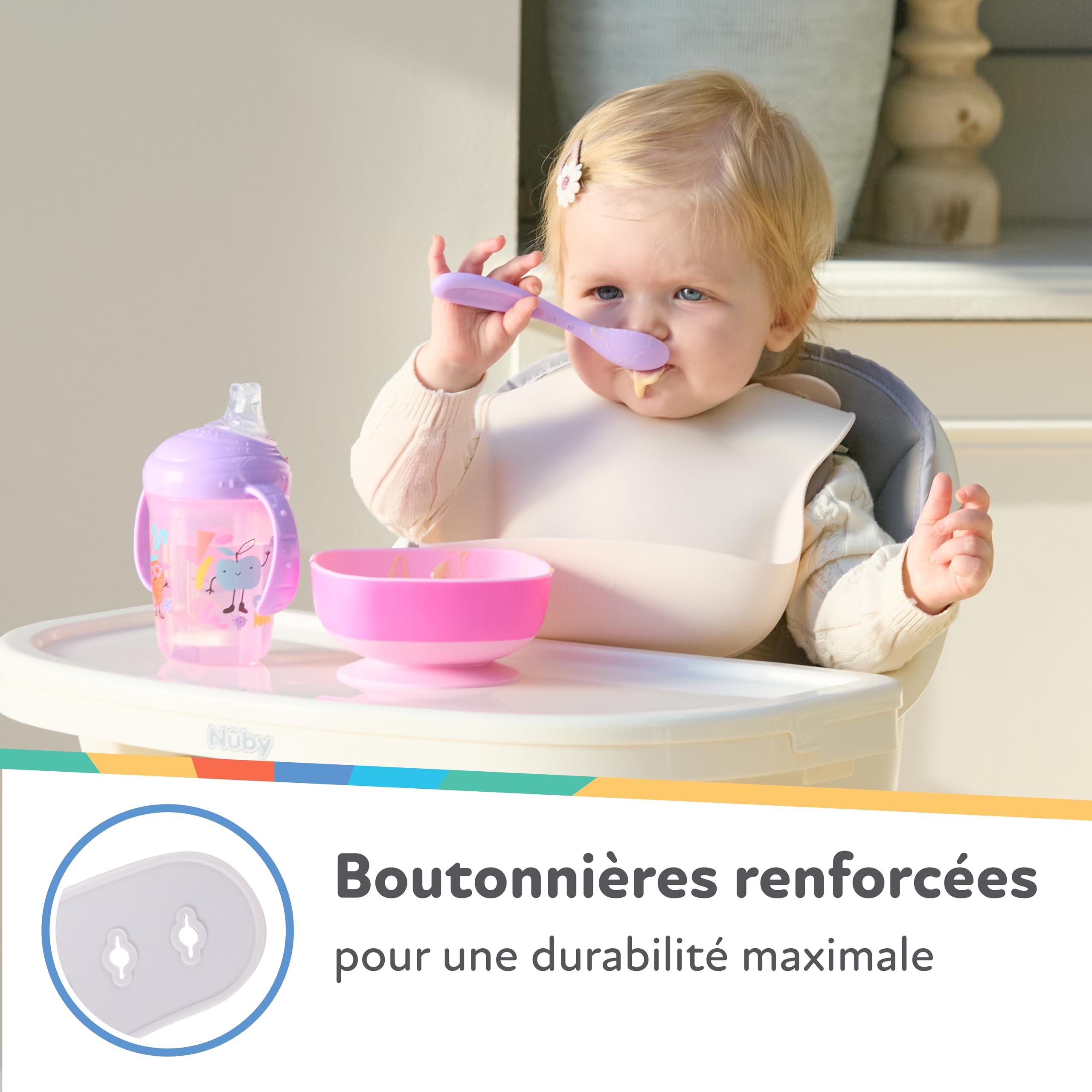 Nuby Lot de 3 Bavoirs Bébé en Silicone Fille – Imperméables & Faciles à Nettoyer – Souples et Réglables – Poche Récupératrice de Nourriture – Bavoirs Repas Bébé et Tout-Petit