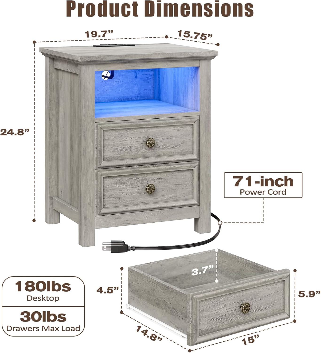 LGHM Nightstand with Charger Station Strip Lights,20" W Night Stand with Drawers for Bedroom, Large Accent Bed Side Table and End Table with Open Compartment-Easy Pull Handle, Textured Border,Gray