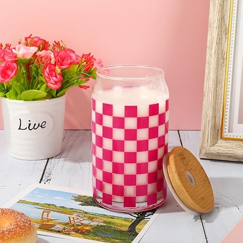 Miniatura 5 de Whaline Paquete de 2 vasos a cuadros de 16 onzas, vasos a cuadros rosados, taza de café helado a cuadros con tapa de bambú, popote de vidrio para