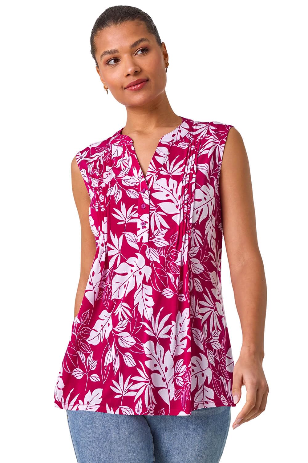 Roman Originals Women's Magenta Roman Pintuck Sleeveless Shirt For Uk Vest Tank Top Summer Smart Blouse Stretchy Jersey T-Shirt Casual Spring Holiday Party Vacation Notch Neck - Size 10