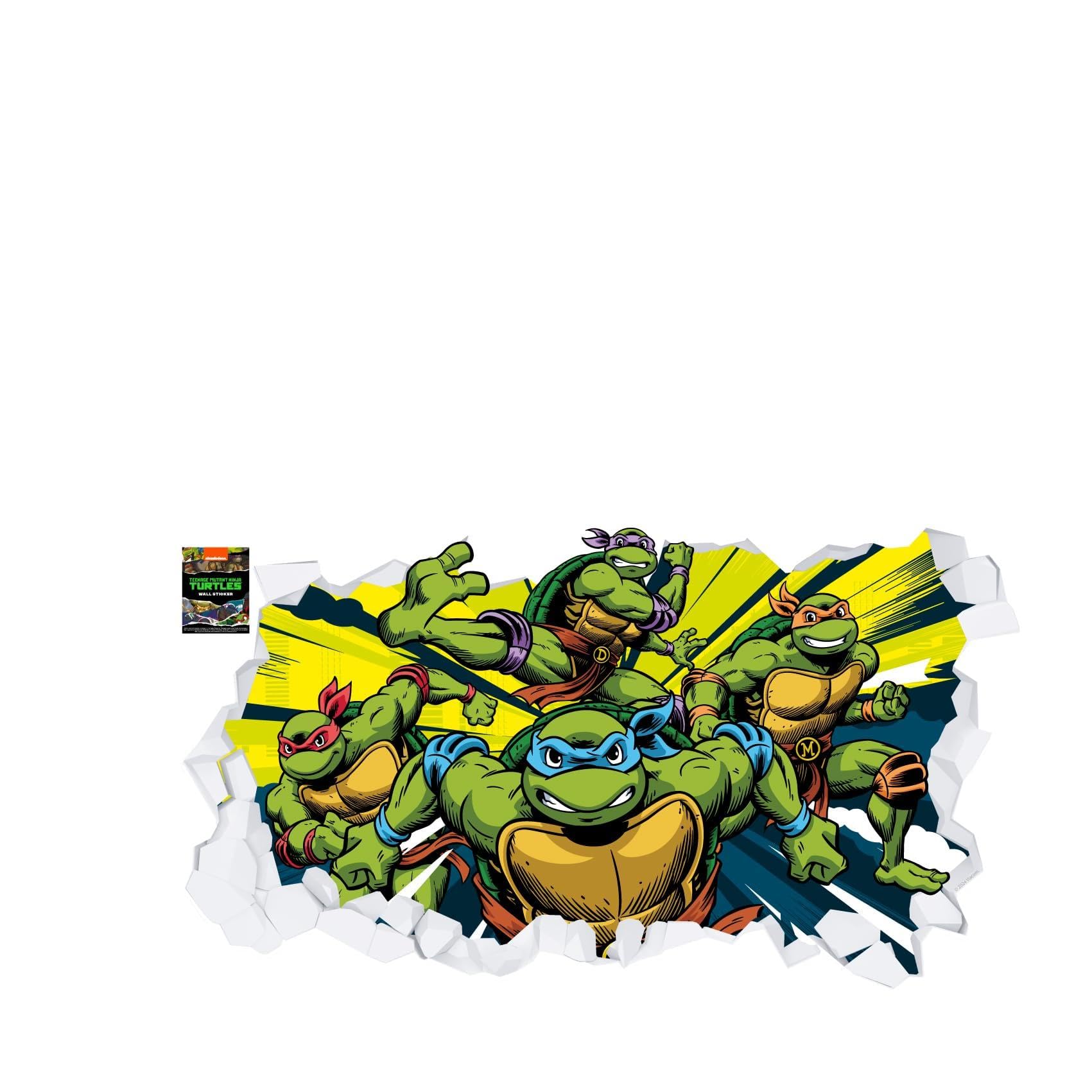 Teenage Mutant Ninja Turtles Wall Sticker - Group Bursting Through Broken Wall Decal World of TMNT Art (90cm Width x 50cm Height)