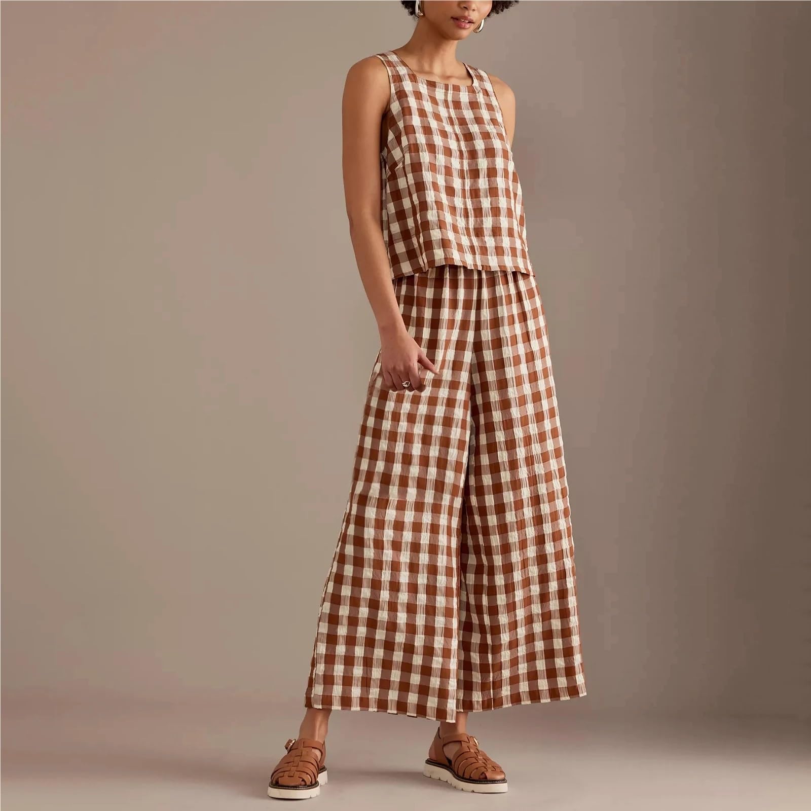 2 Teiler Damen Sommer 2-teilige Lounge-Hosen-Sets for Damen, kariertes Print-Outfit, ärmelloses Tanktop, Baggy-Hosenanzüge mit weitem Bein