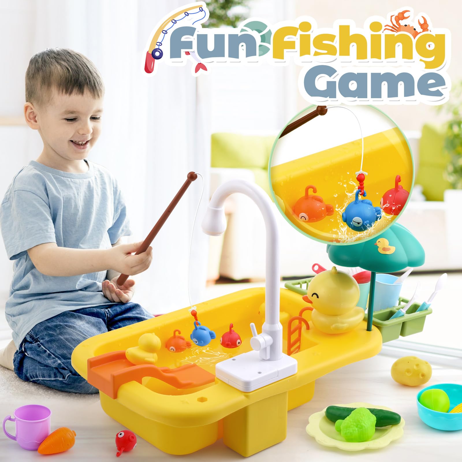 FRUSE Cocina de Juguete, Juguetes para Fregadero de Cocina con Lavaplatos,Grifo Eléctrico,Utensilios Cocina Juguete,Juguetes de Pesca Flotantes,Juegos de Rol para Niños y Niñas de 3 4 5 Años(Amarillo)
