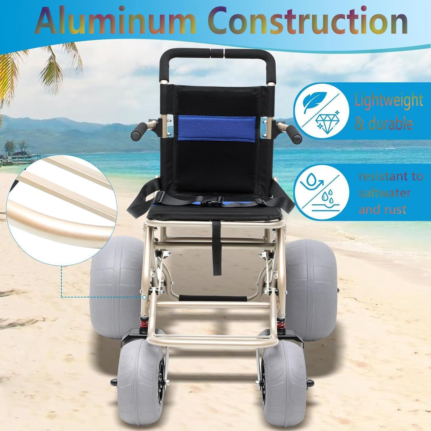 Silla De Ruedas Para Playa, Silla De Ruedas Todoterreno Para Playa, Con Ruedas Tipo Globo De 30 Cm Y 23 Cm, Diseño Plegable, Ruedas De Desmontaje Rápido, Apta Para Arena Blanda, Playa, Césped