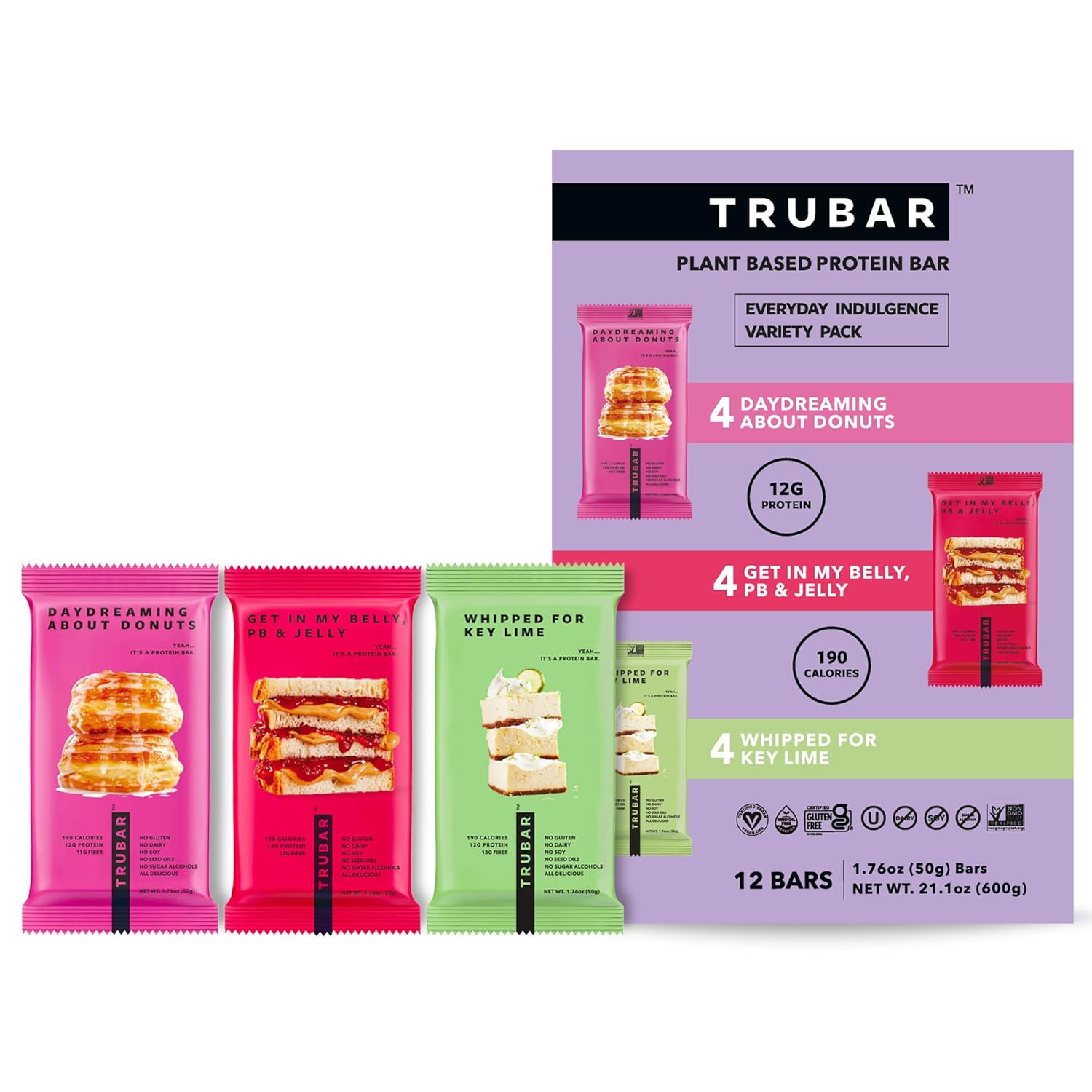 TRUBAR Vegan Protein Bar Variety Pack, Assorted Flavors, Donuts, PB & Jelly, Key Lime, Gluten Free, Vegan Protein Snacks, 12G Plant-Based Protein, High Fiber, Healthy Protein Bars, 12 CT