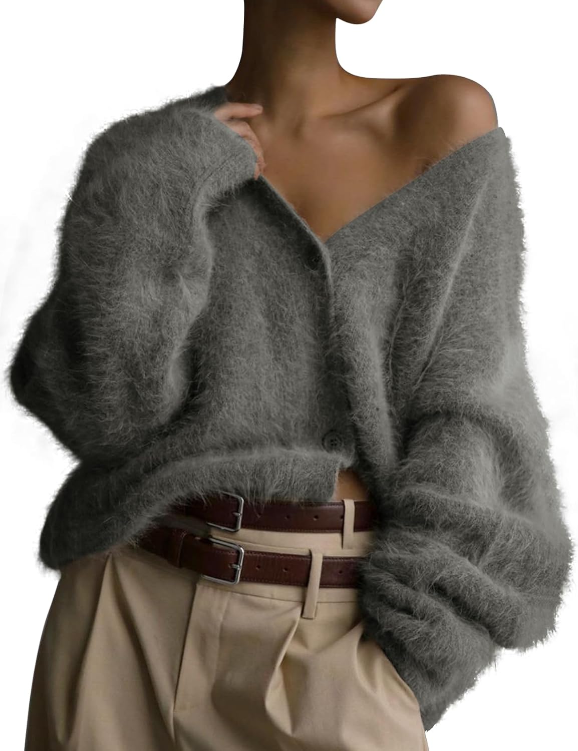 COZYPOIN Womens Fuzzy Mohair Cardigan Open Front Button Down V Neck Long Sleeve Sweater Slouchy Drop Shoulder Knit Coat
