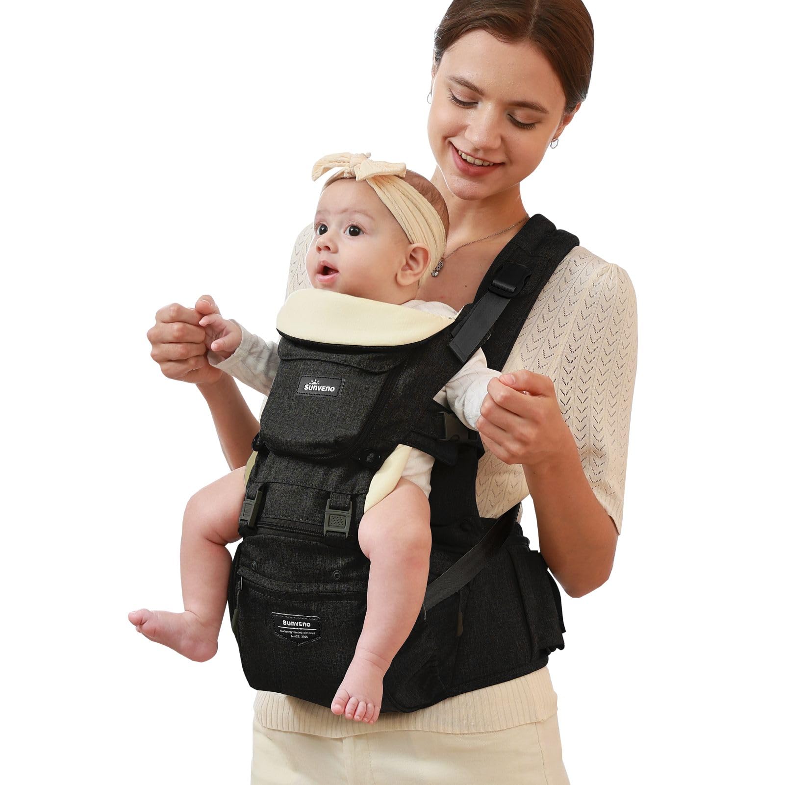 SUNVENO - Ergonomiczne, miękkie bawełniane nosidełko 6 w 1, noworodkowe siedzisko biodrowe dla domu, na zewnątrz, podróż, 6-36 miesięcy, niemowlęta i dzieci, czarny