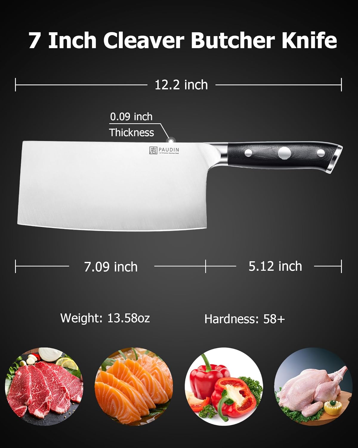 PAUDIN Cleaver Knife 7 inch Meat Cleaver, High Carbon German Steel Heavy Duty Chinese Chef Knife with G10 Handle, Full Tang Butcher Knives