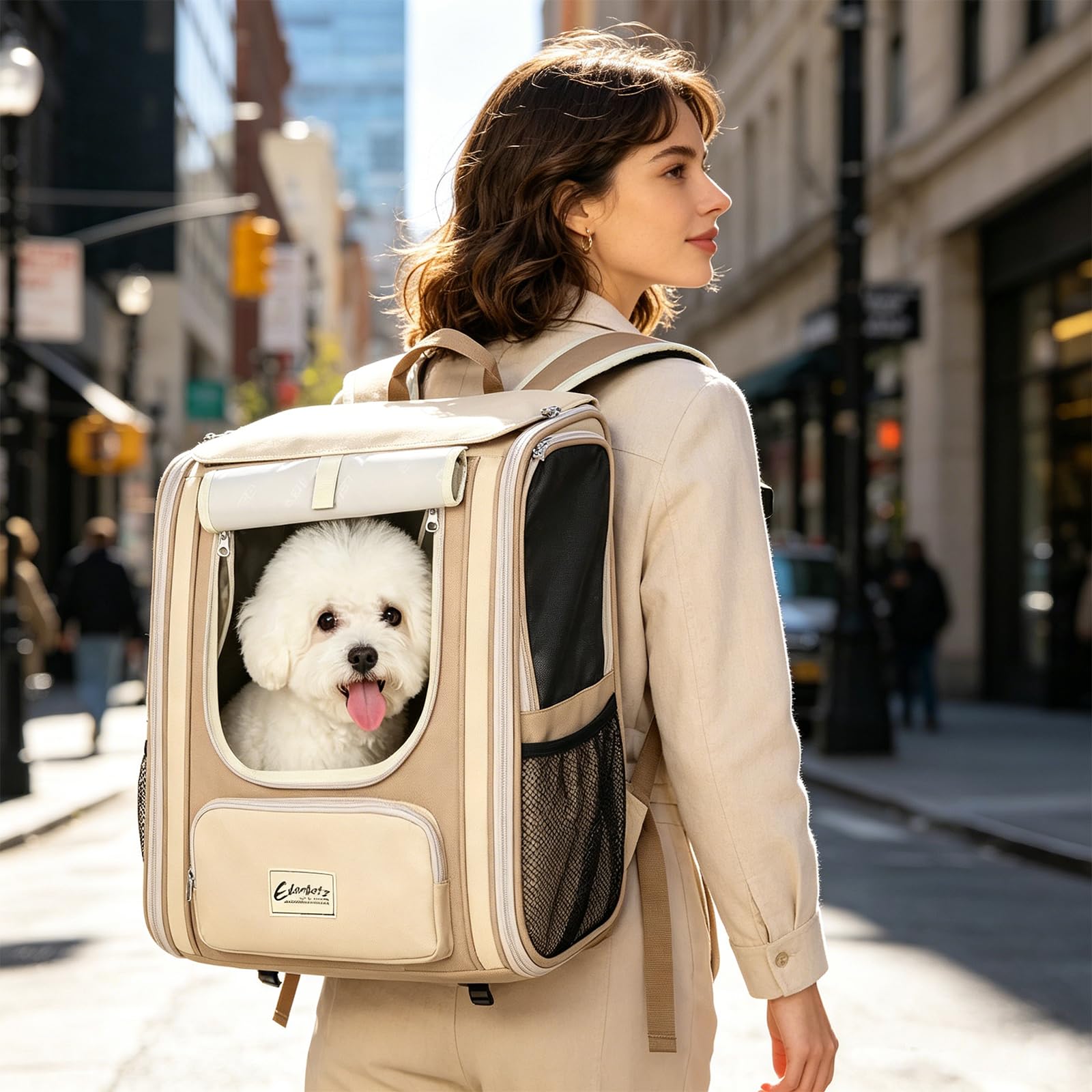 Galatée Mochila para Mascotas, Bolso Portátil para Gatos y Perros, Malla Hueca Transpirable, Hecha De Tela Oxford, Plegable para Un Fácil Almacenamiento (Caqui)